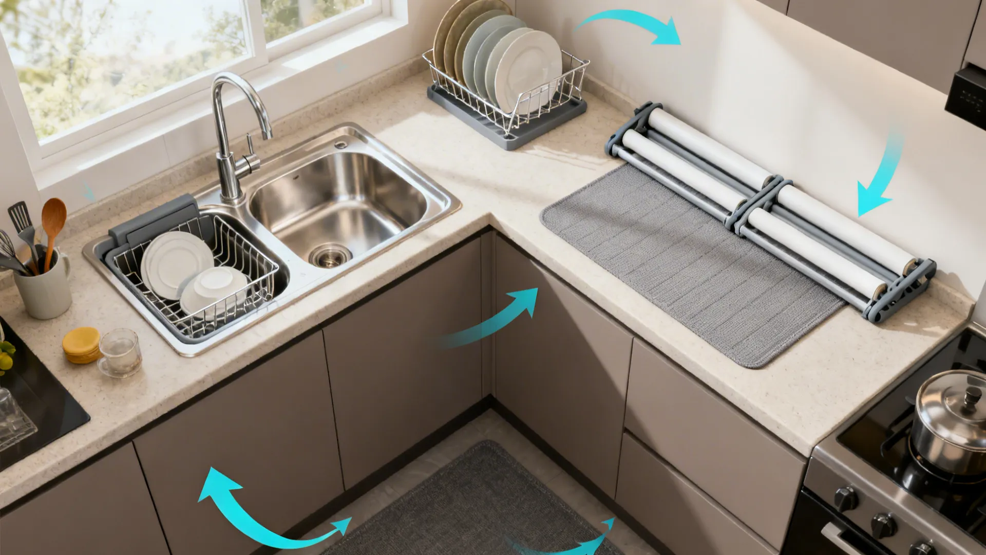 Top-down view of an L-shaped rinse-and-dry layout with roll-up rack and drainer mat.