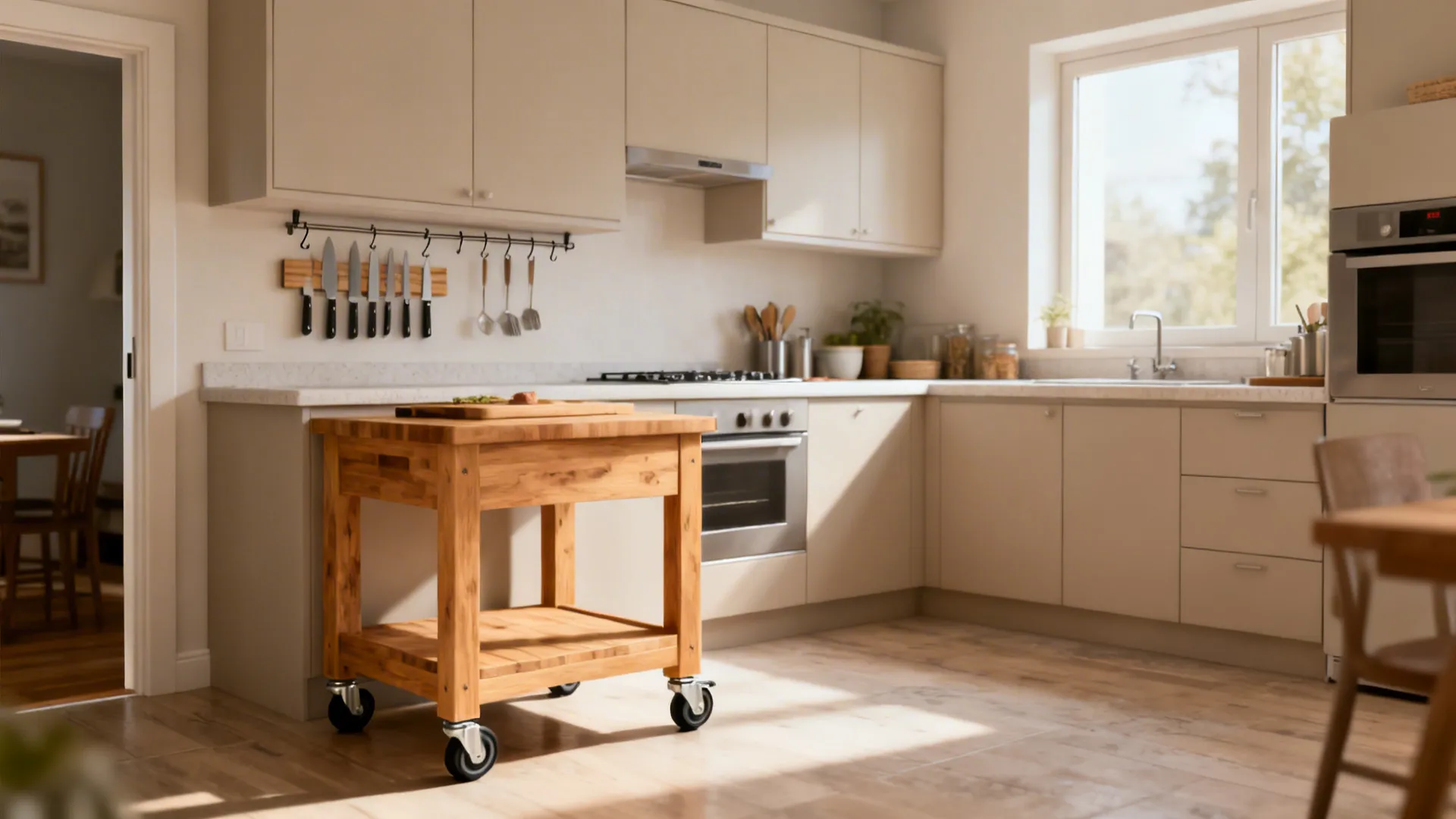 Small L-shaped kitchen with a rolling butcher block island and organized walls.