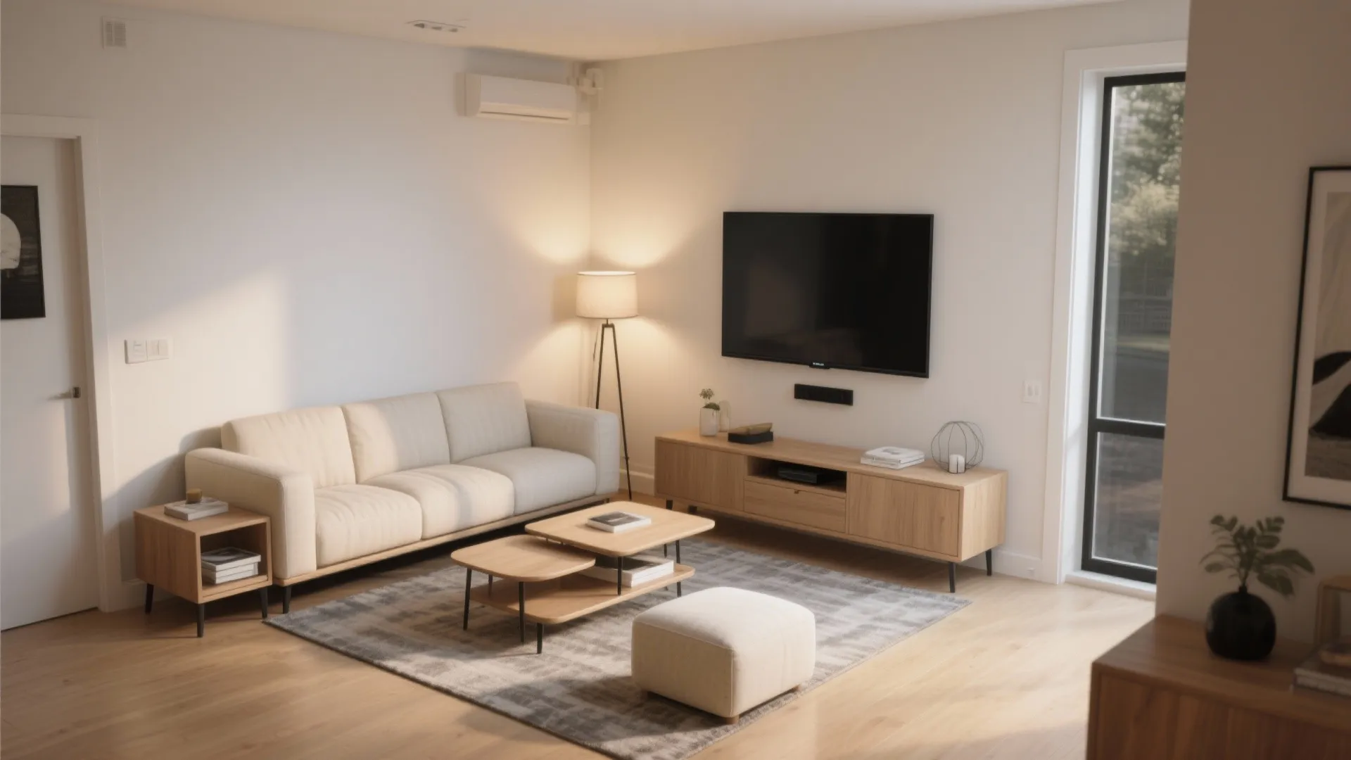 Modern living room featuring cream sofa wood coffee table television floor lamp and grey rug design