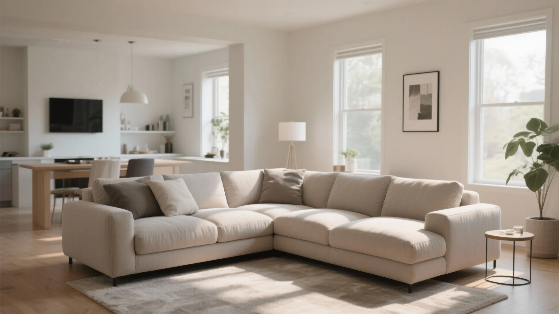 Bright living room with large beige sofa wooden floor dining table behind and natural sunlight
