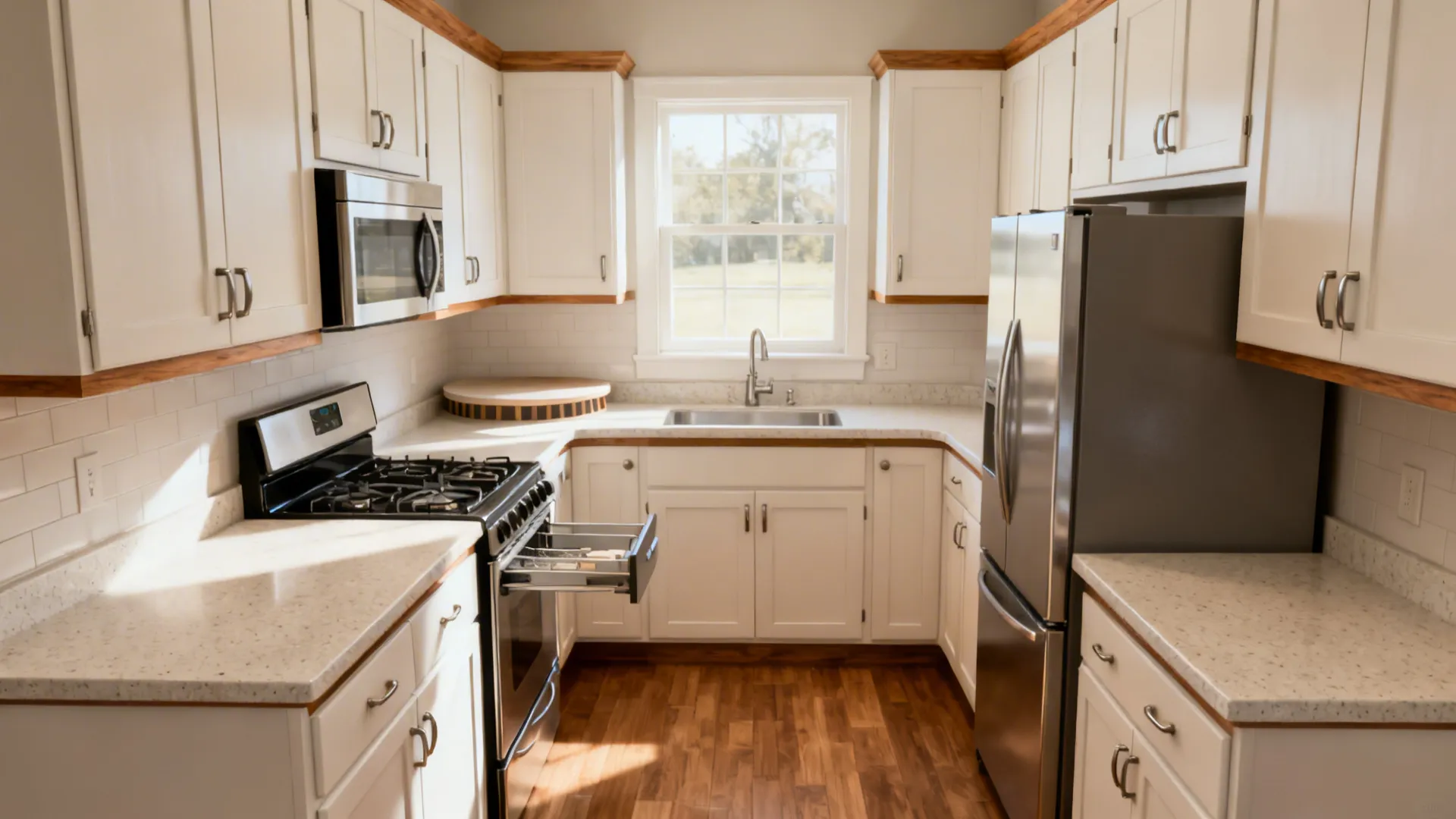 Compact L-shaped Shaker kitchen with light counters, corner storage, and a clear, efficient layout.