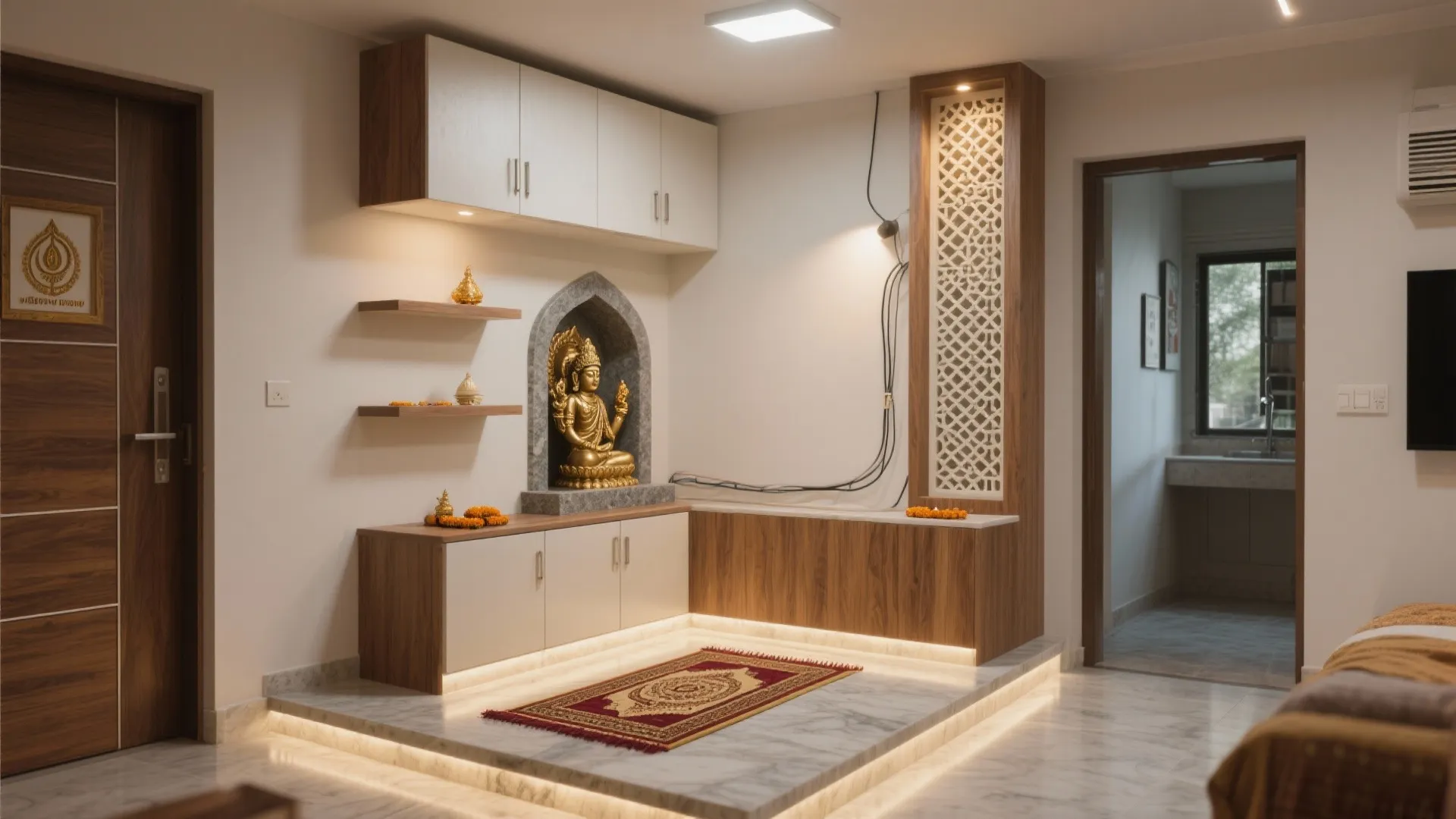 Space-smart layouts: corner shrine, wall niche, and an L-shaped mandir