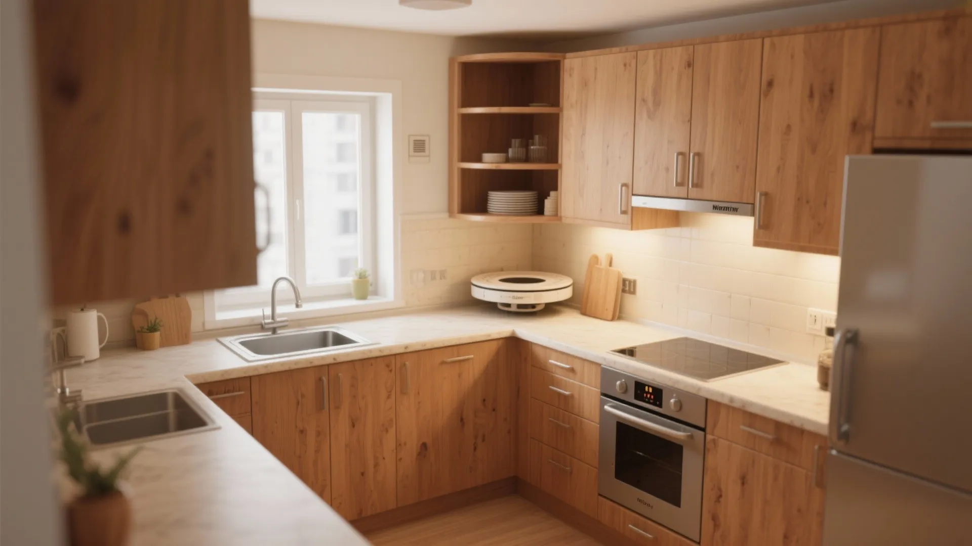Small L-shaped kitchen featuring light wood cabinets white marble countertop window sink oven and refrigerator