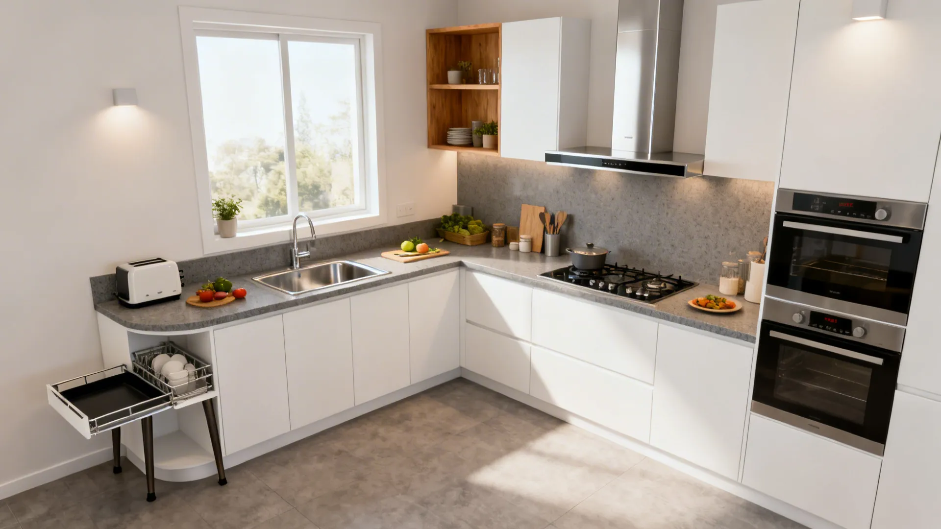 Small L-shaped kitchen showing efficient corner storage and clear work triangle in a bright 2 BHK flat.