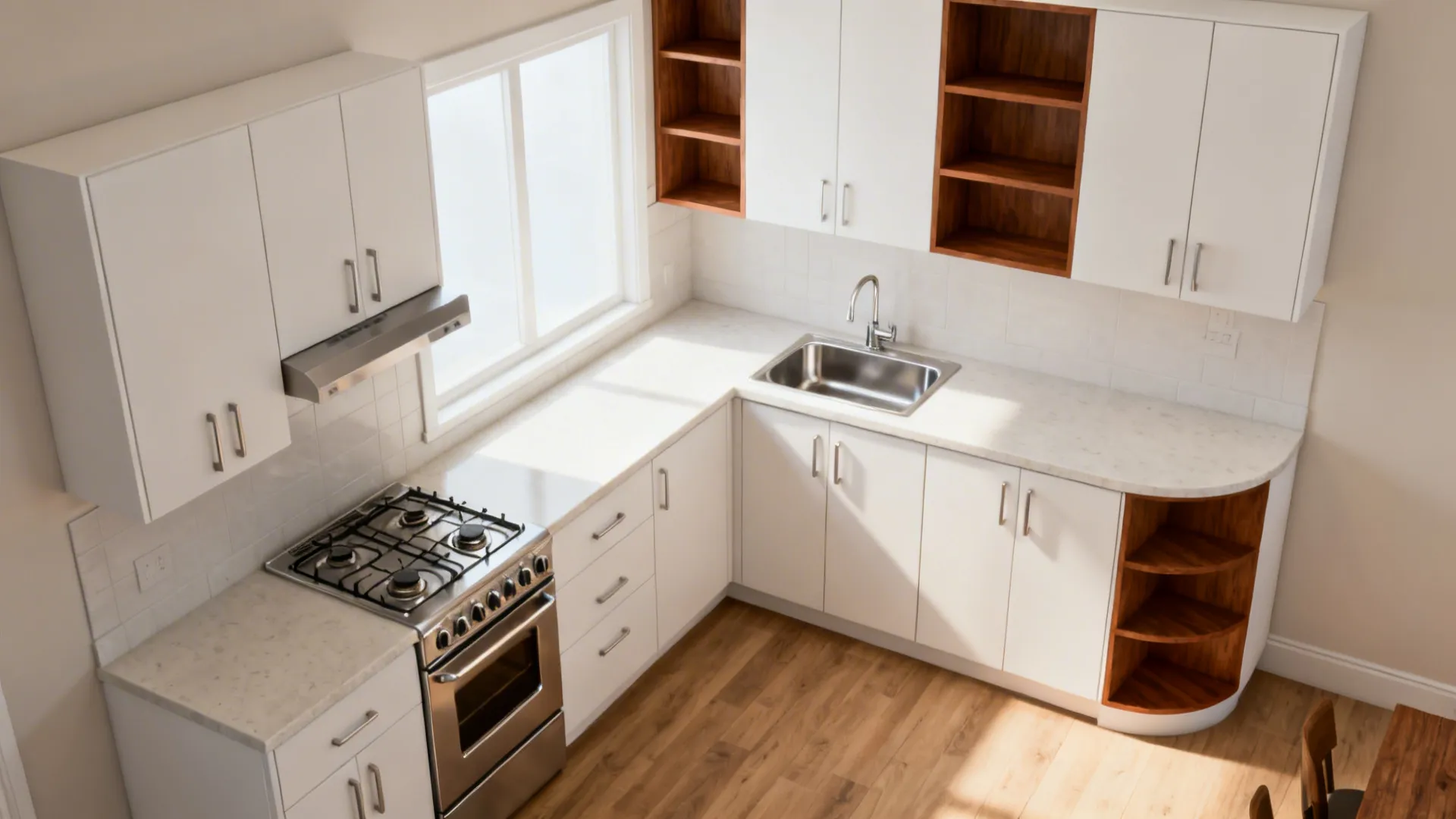 Compact L-shaped kitchen with clear zones, white cabinets, and walnut shelves.