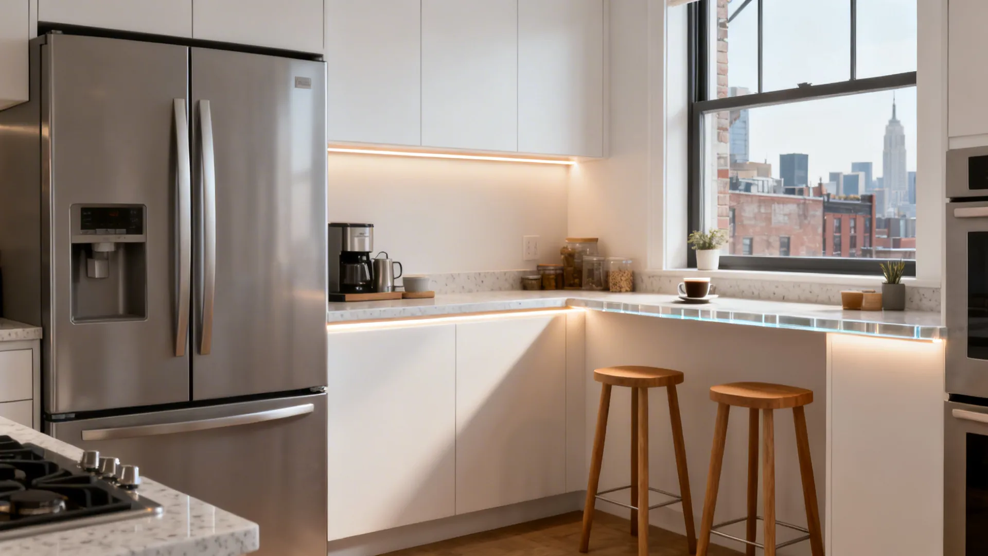 L-shaped kitchen with a slim snack ledge by the window and LED-lit corner workspace.
