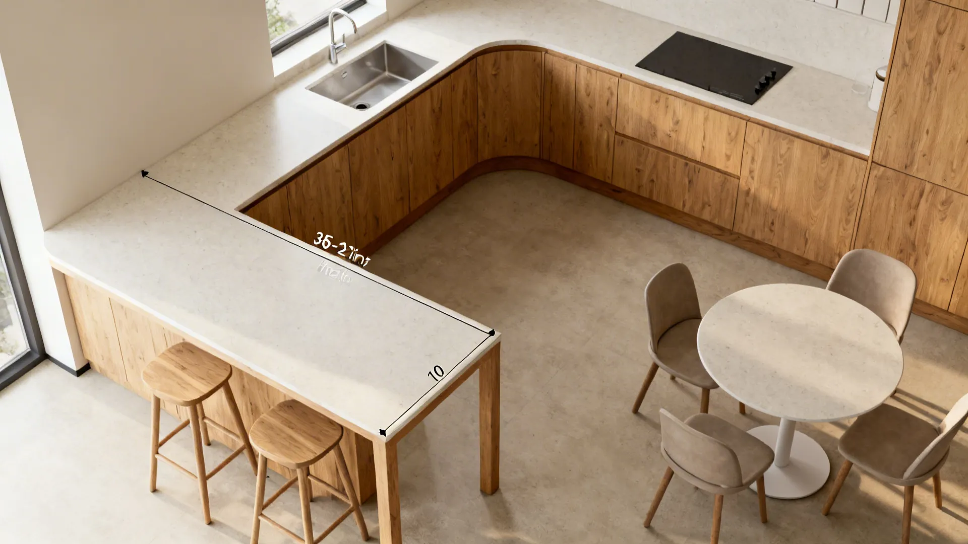 Top view of wooden kitchen with white countertop sink stove dining table and wooden bar stools