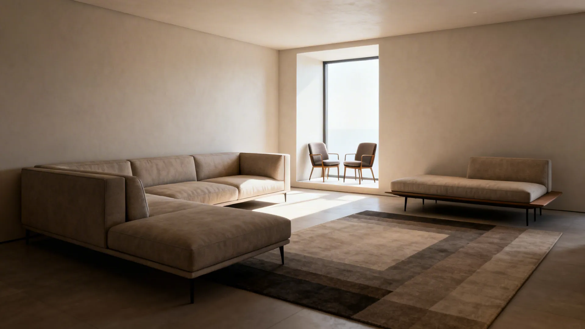 L-shaped sofa layout with a windowed accent nook and two chairs clustered for lounging.