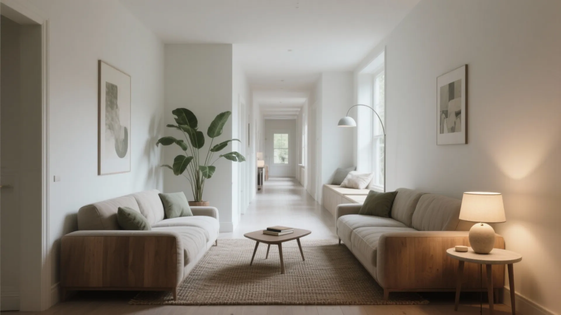 L-shaped two sofas in a narrow living room with a corner lamp, round table, and open corridor.