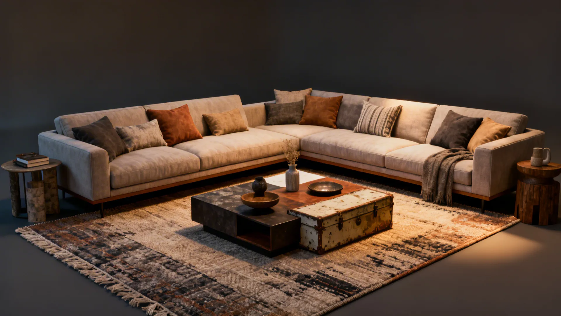 Cozy living room corner with two separate sofas forming an L-shape and matching cushions.
