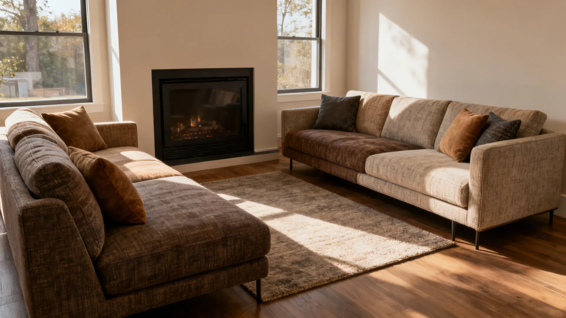 L-shaped arrangement of two sofas of differing lengths tied together by a rug and focal media wall
