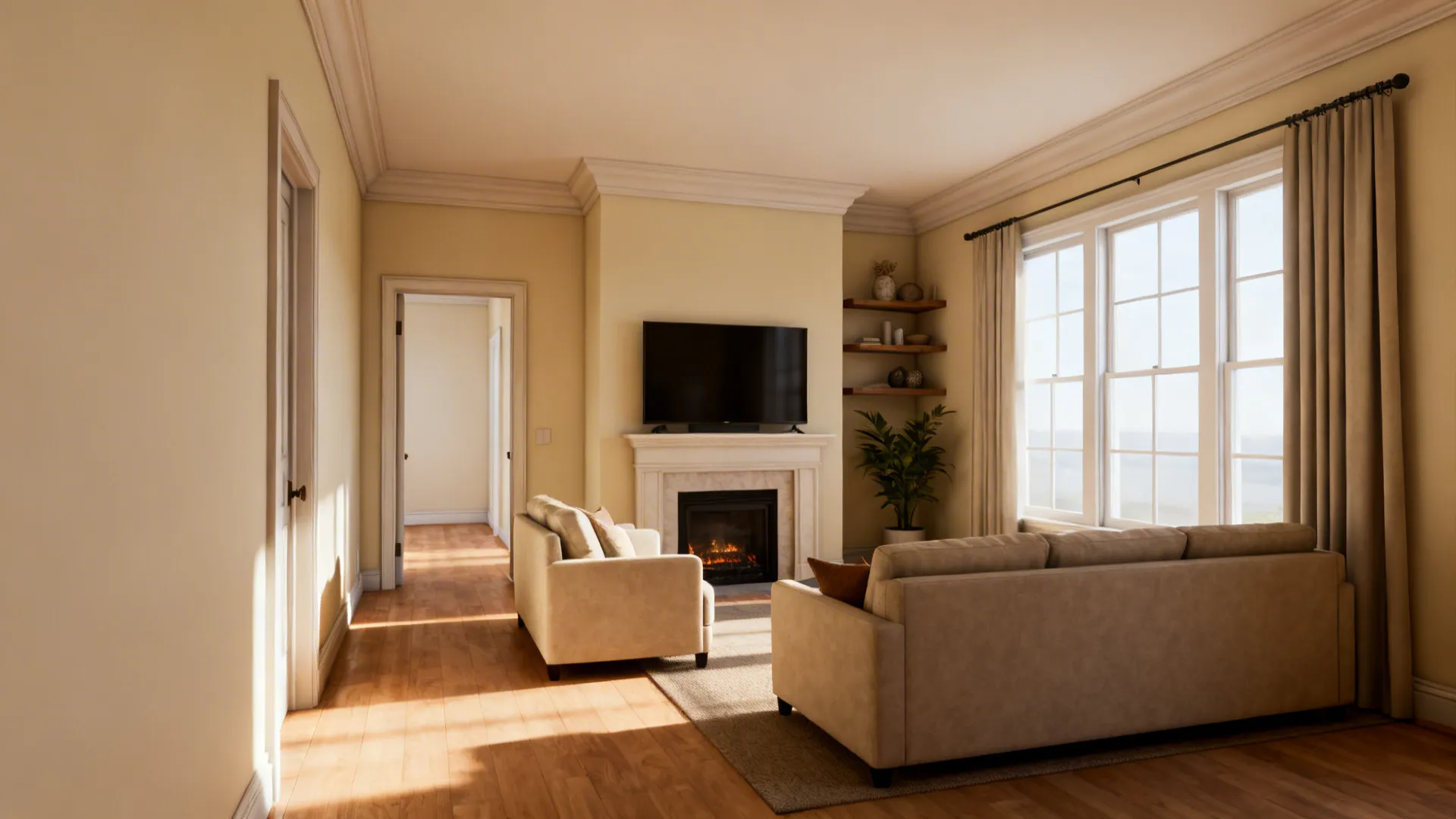Narrow living room with a compact loveseat and longer sofa arranged in an L-shape with a corner plant.