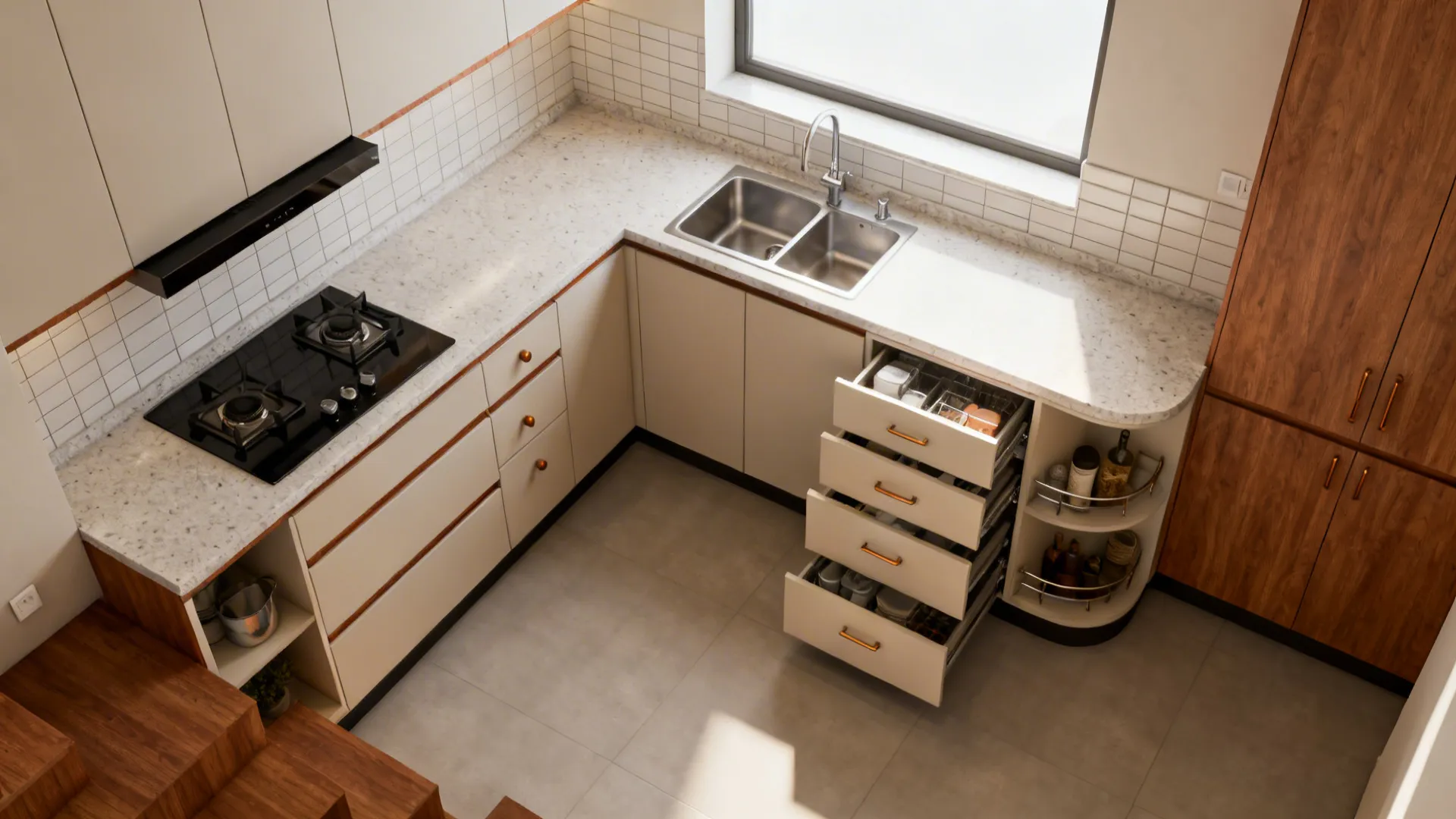 Compact L-shaped kitchen with cooktop on southeast leg and sink on the north run, warm minimalism and natural finishes.