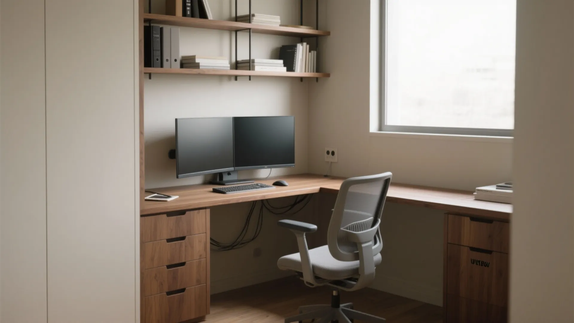 L-shaped layout with a vertical storage wall