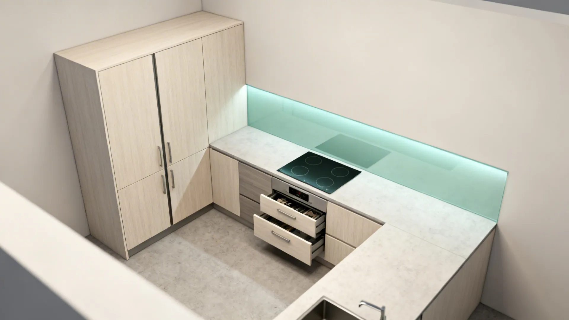 Top-down layout of an L-shaped modular kitchen with tall pantry and tandem drawers.