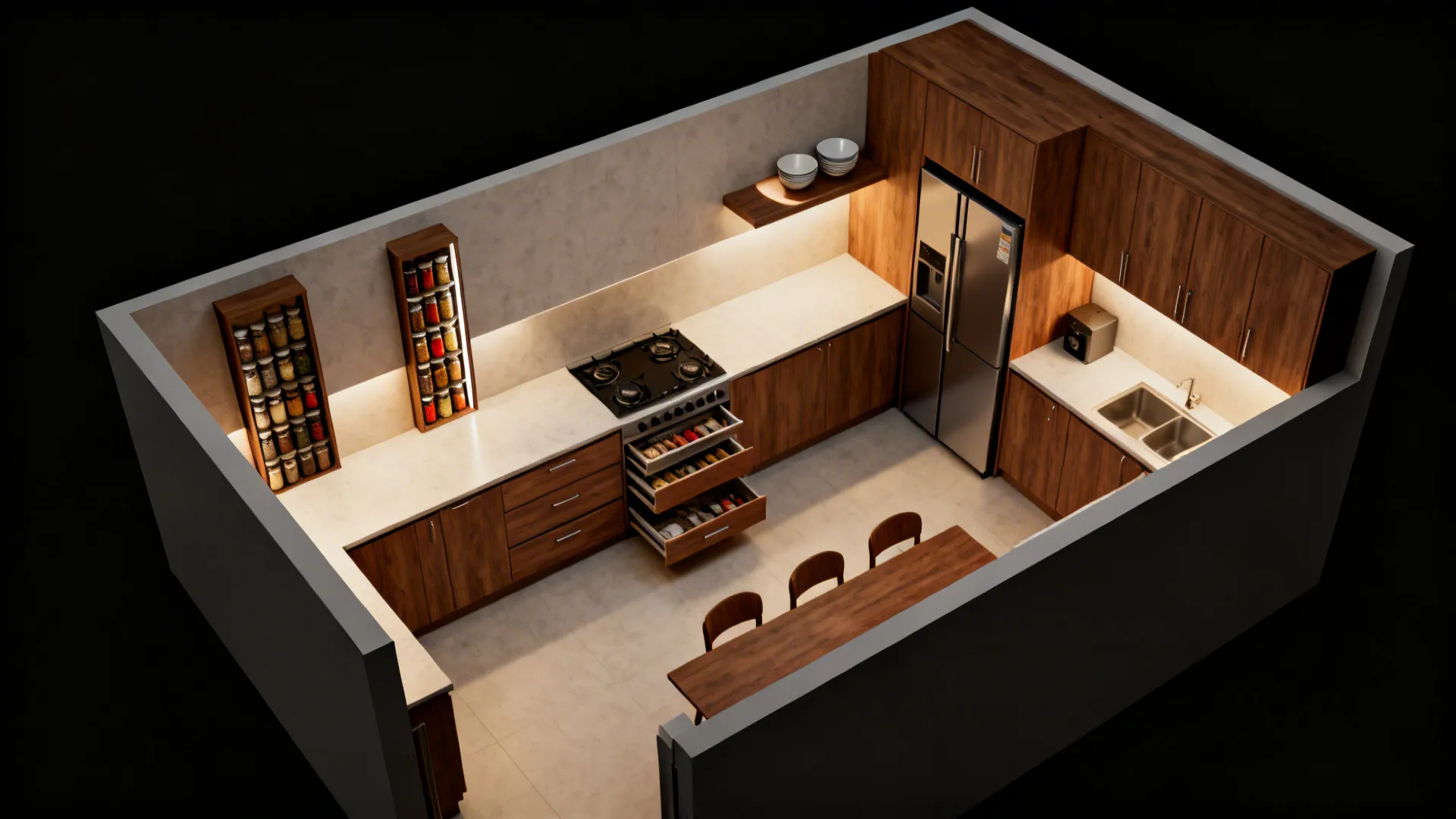 Top-down L-shaped small kitchen plan showing drawers, spice pull-out, and tall pantry near the fridge.