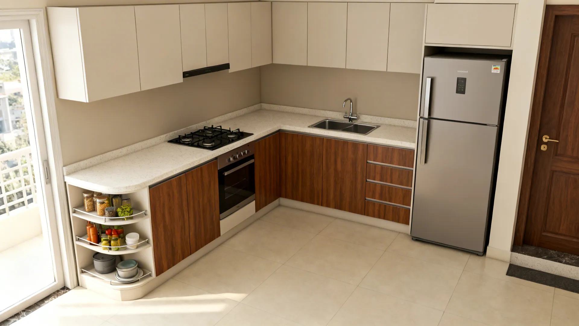L-shaped modular kitchen with a pull-out tall pantry and clear fridge clearance.