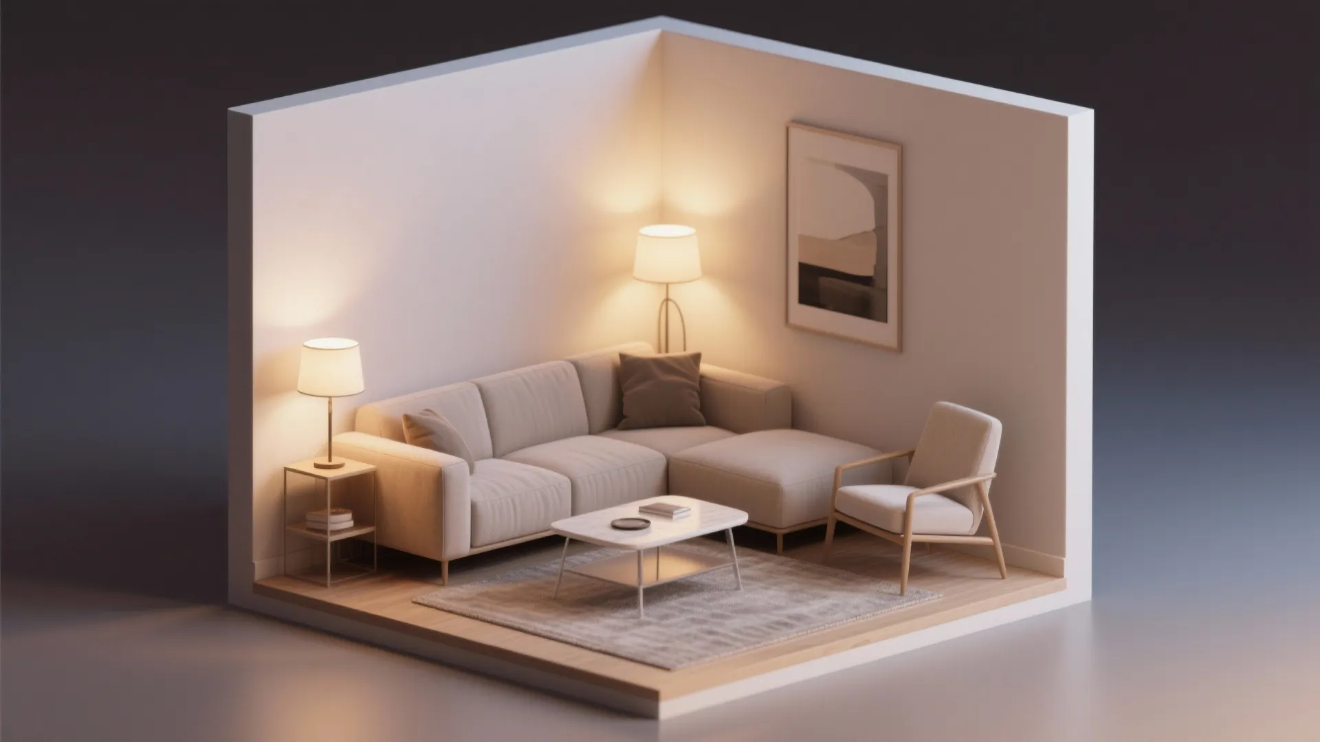 Small corner living room design with beige sofa white coffee table floor lamps and wall art