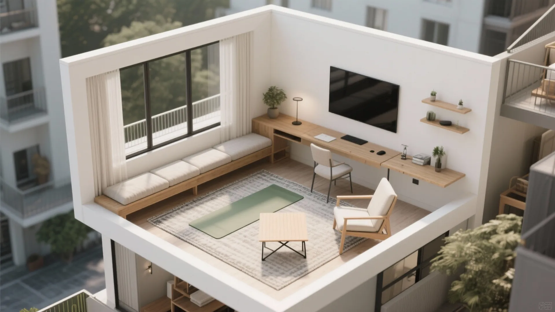 L-shaped flexible layout for seating, work, and tea time