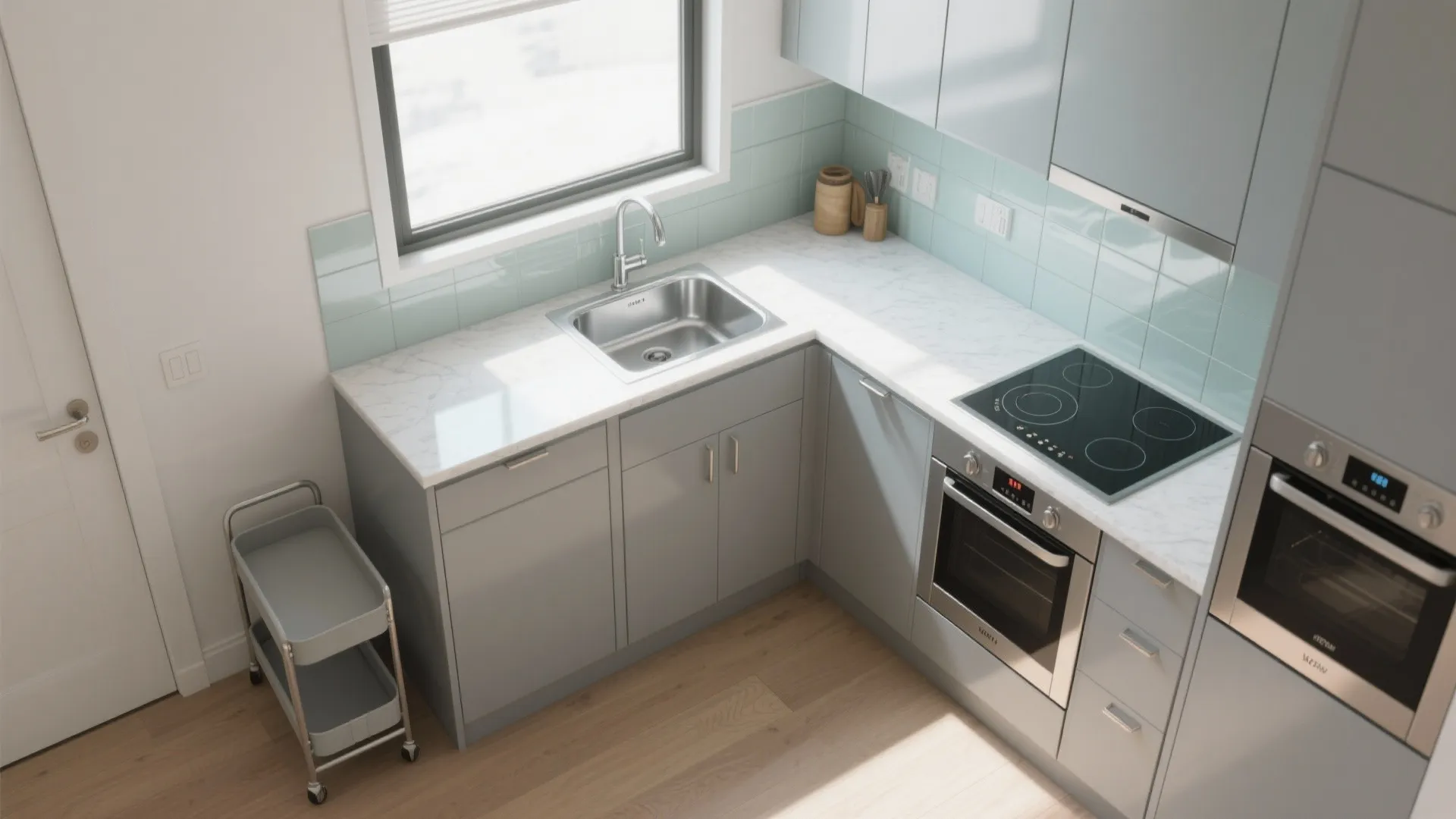 Smart L-shaped layout for tiny kitchens
