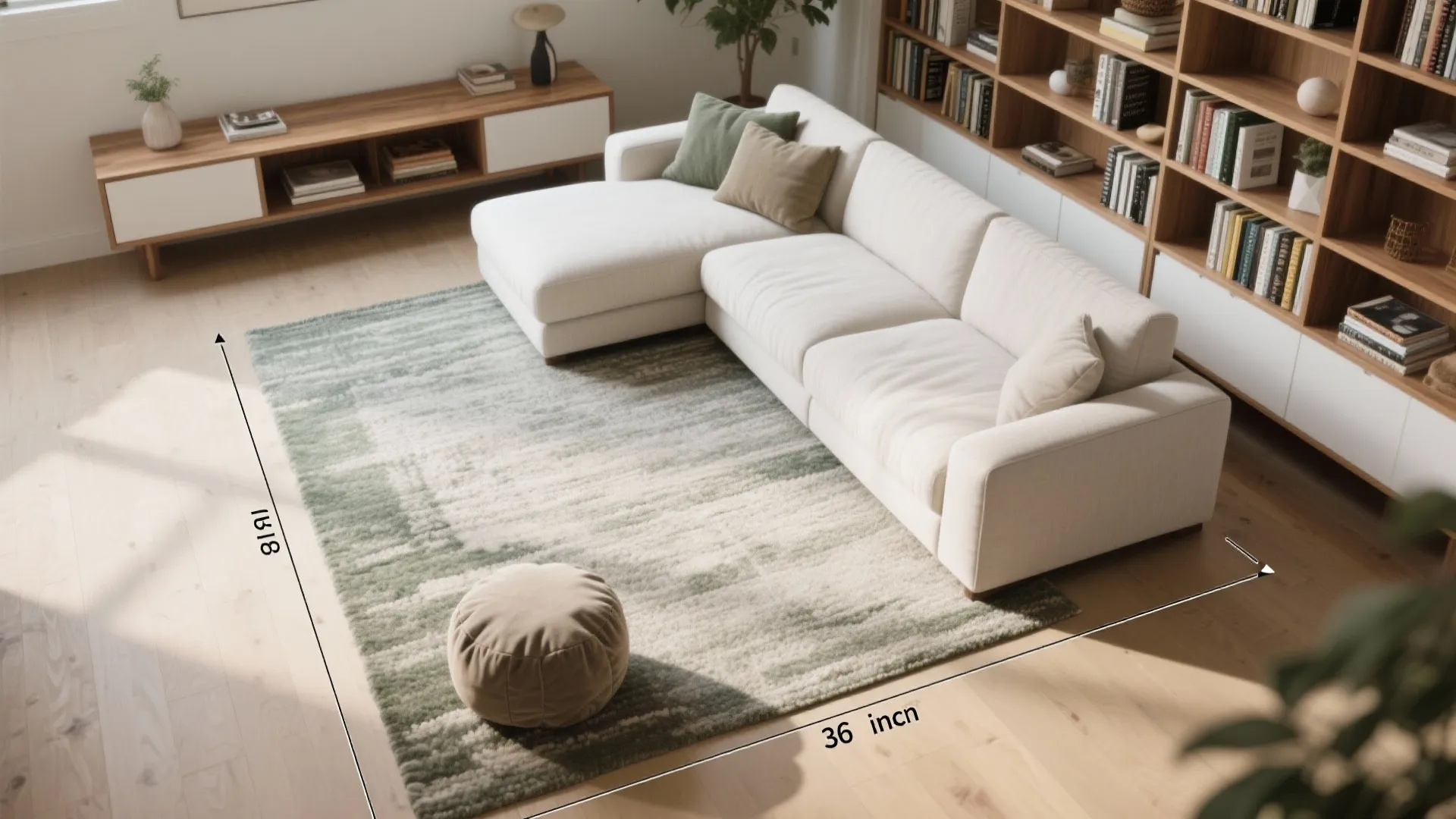 Top view of white sofa on green rug with measurement lines in a bright living room