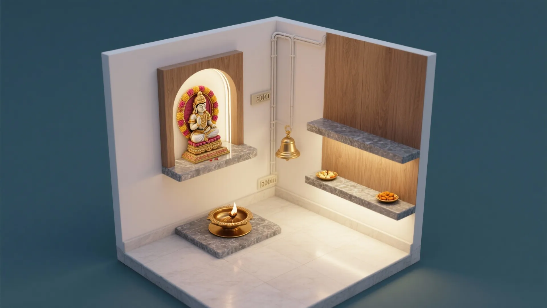Small prayer room with white walls wood panels marble floor gold statue bell and oil lamp
