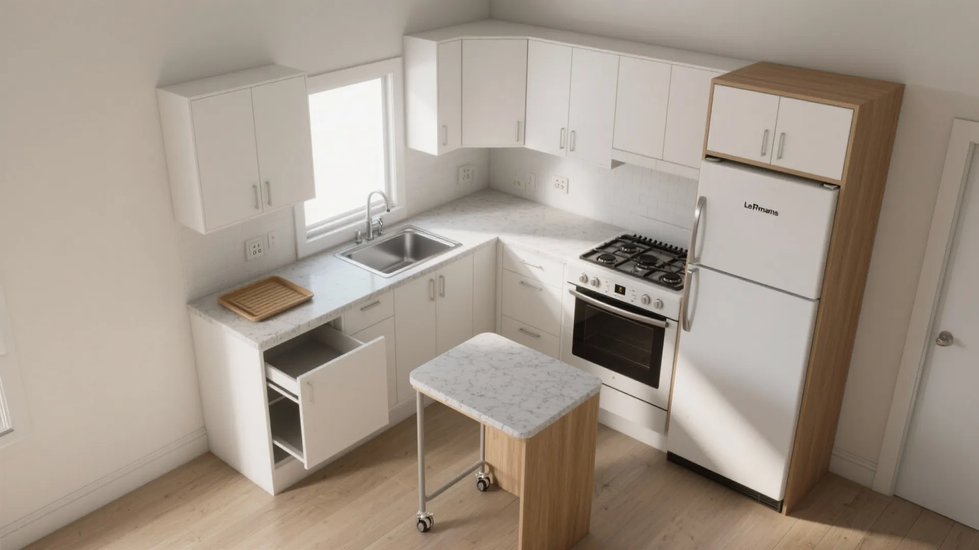 Modern white kitchen layout with marble countertop wood cabinets stove fridge and a small kitchen island