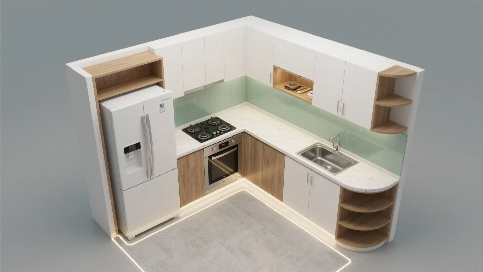 L-shaped layout that opens more counter space