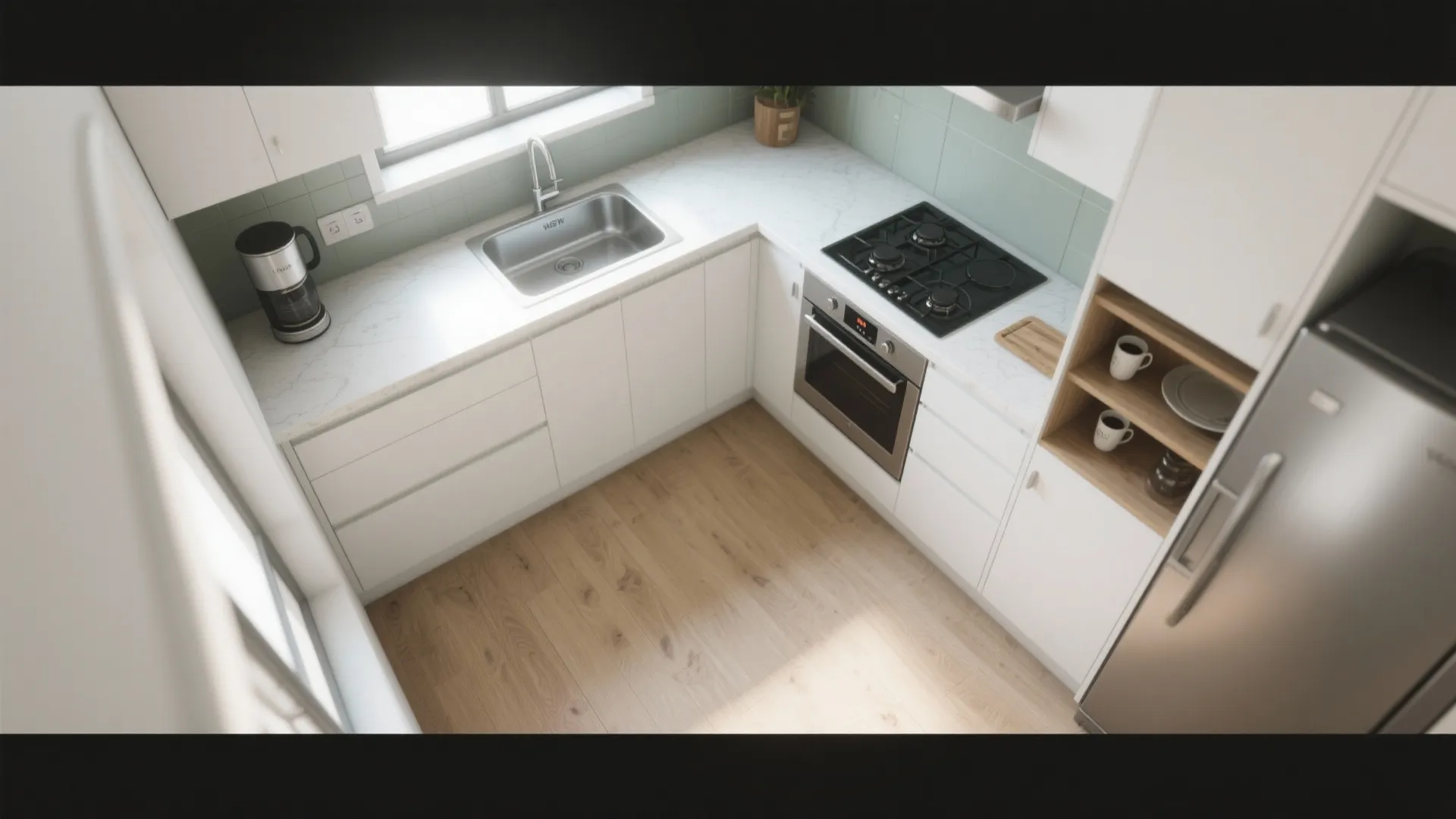 L-shaped layout that frees counter space