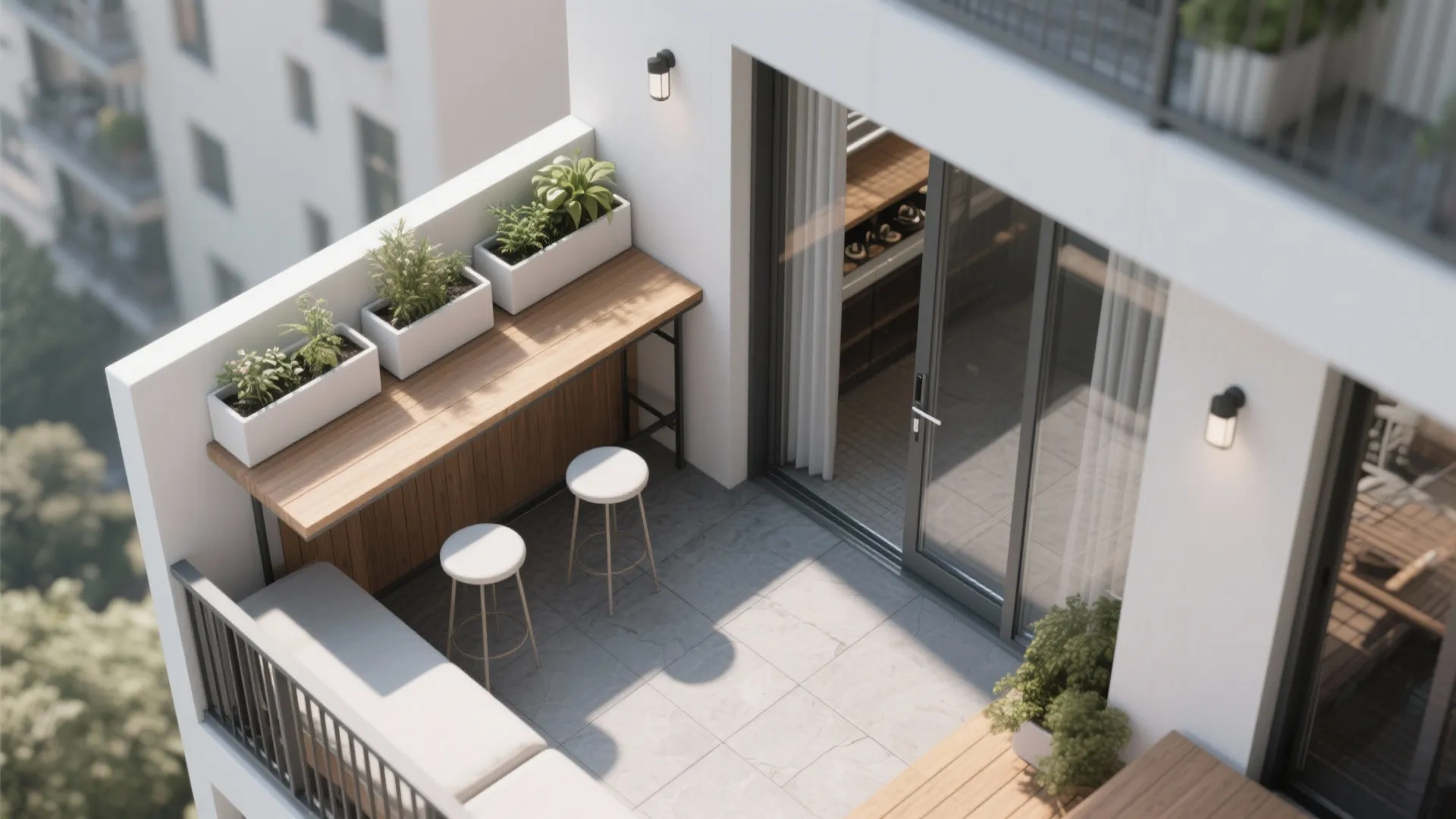 L-Shaped Layout: Slim Planters + Folding Bar Ledge