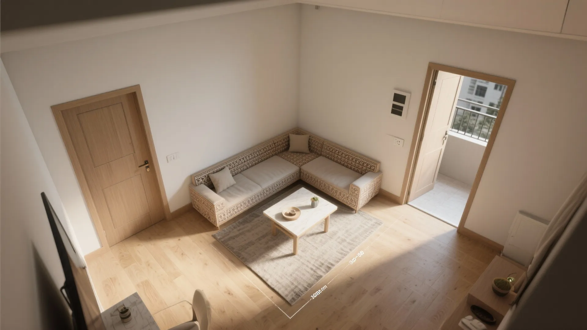 Modern living room with an L shaped sofa marble coffee table and light wood floor