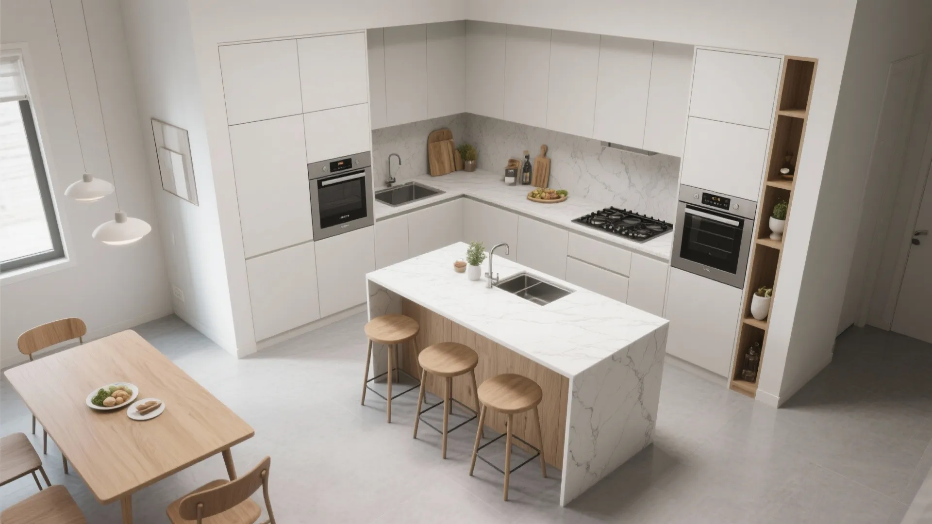L-shaped kitchen with a compact peninsula for dining
