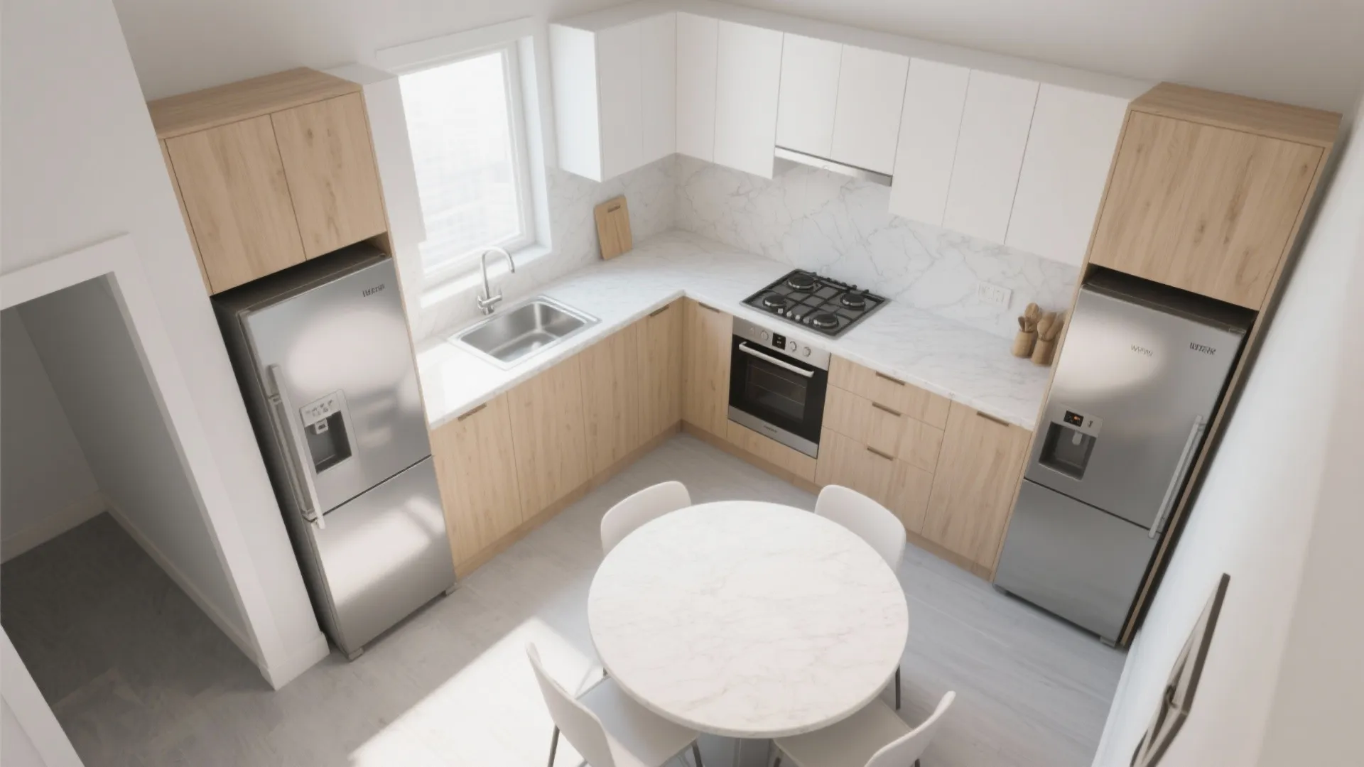 Top view of l-shaped kitchen with wood cabinets white countertops round table and two refrigerators