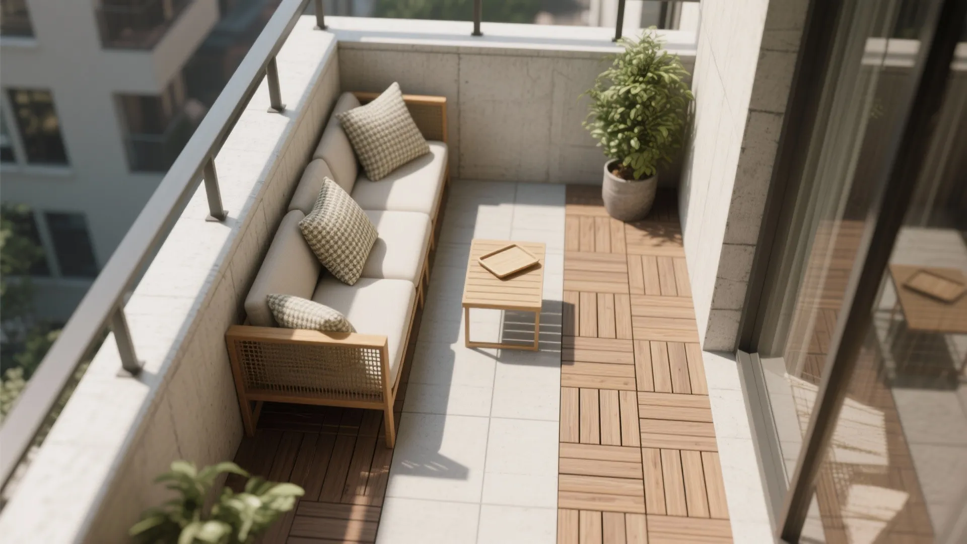 Top-down plan of a narrow balcony with an L-shaped lounge against two walls and clear walkway in the center.