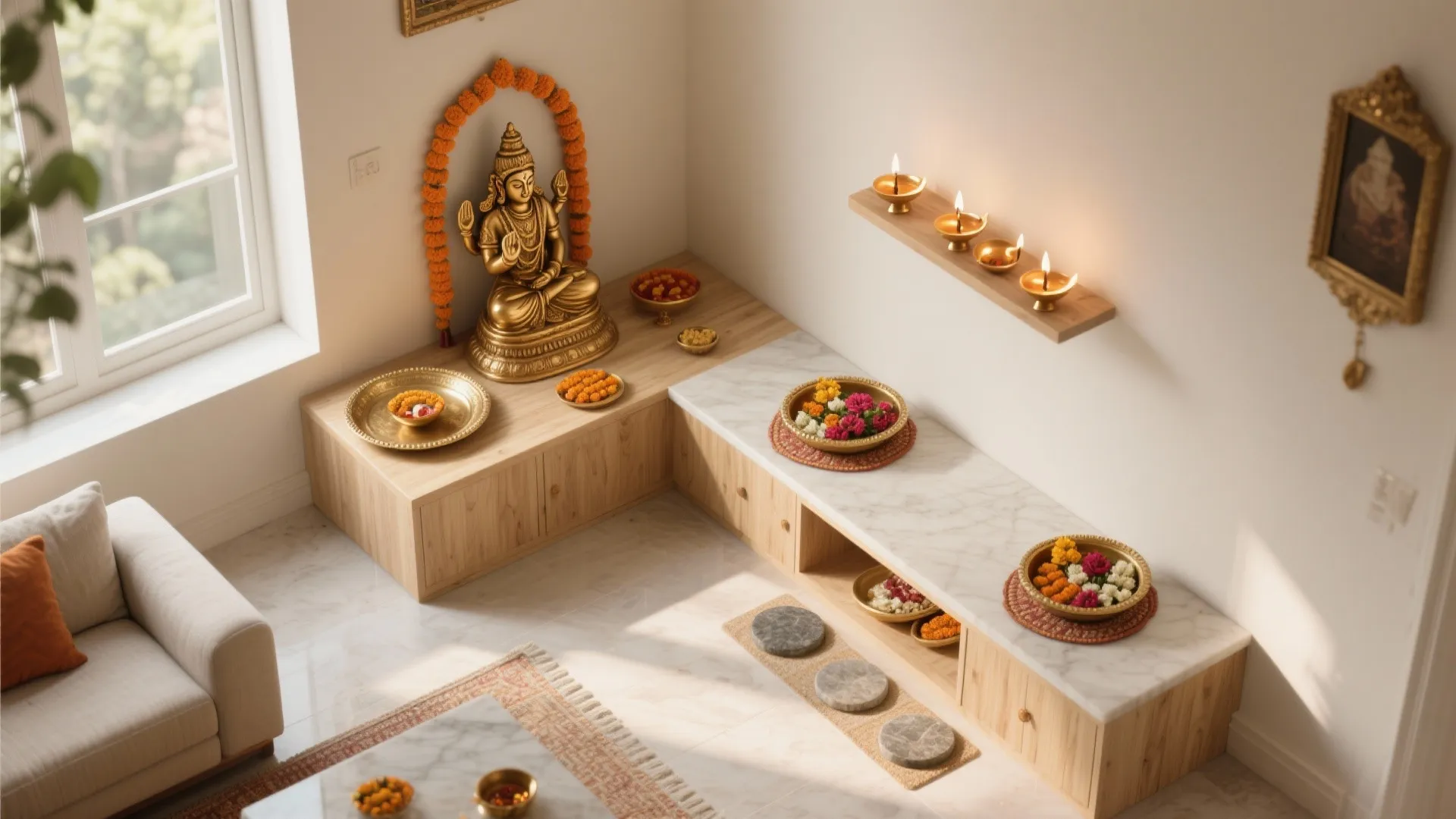Compact L-shaped Pooja Layout
