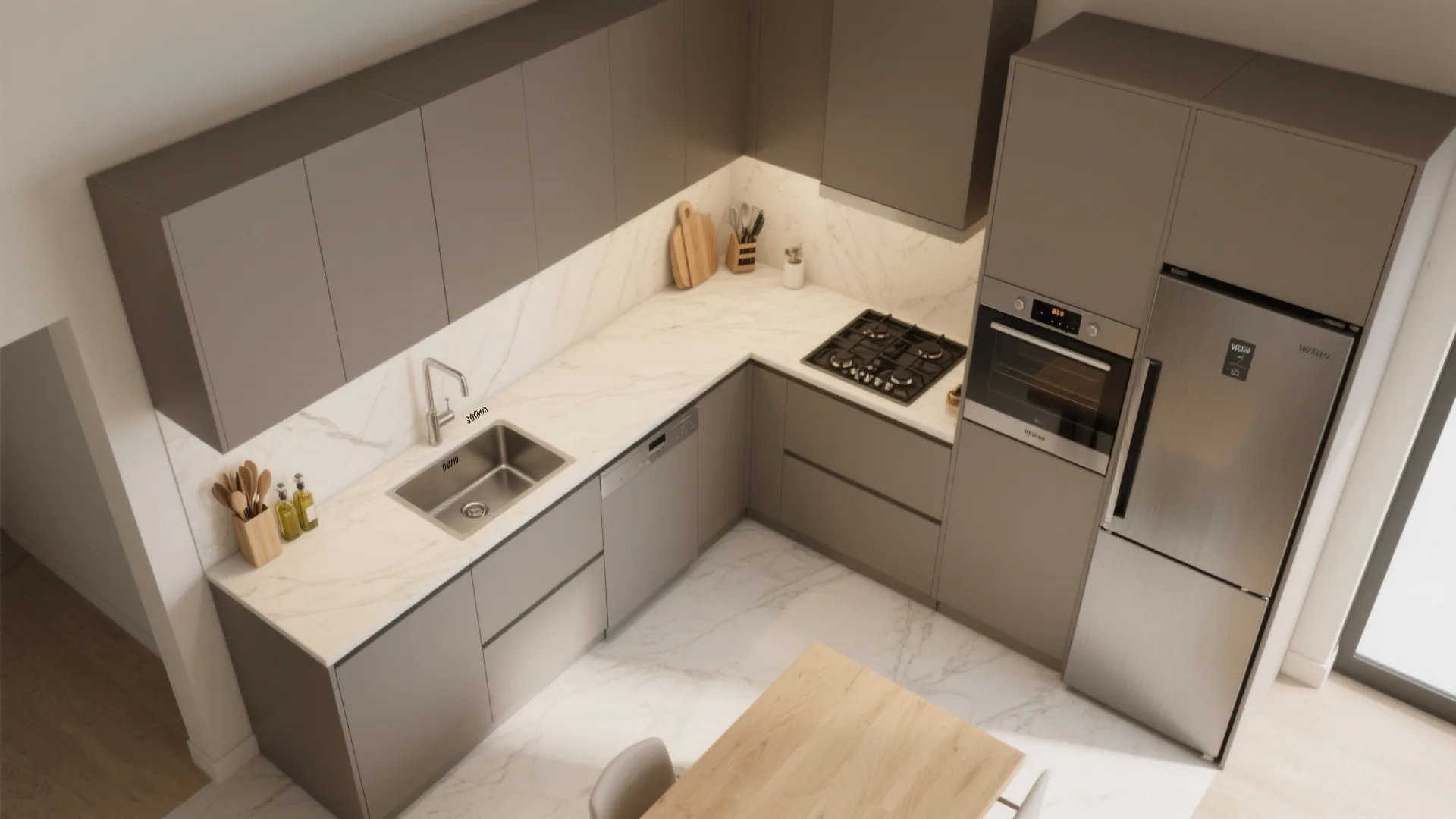 Top view of L-shaped kitchen layout featuring grey cabinets marble floor stainless steel fridge and oven