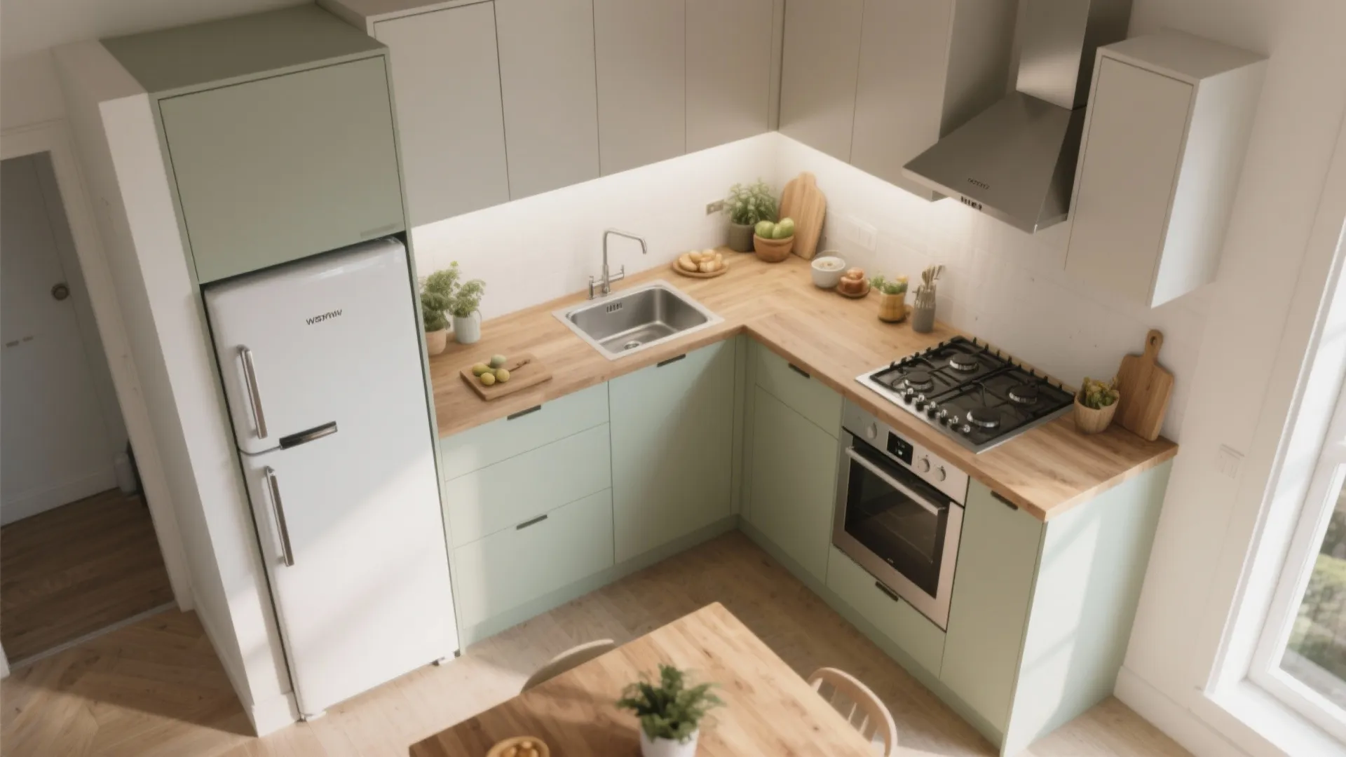 Top down view of kitchen with green cabinets wooden counters white fridge and black stove