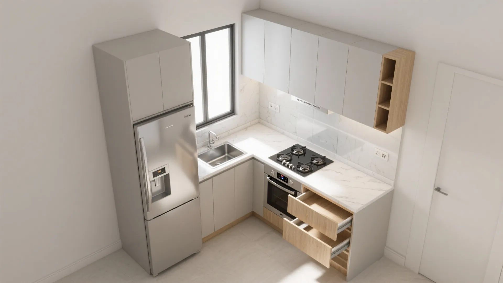 Modern grey L-shaped kitchen layout with marble countertop stainless sink stove oven and large silver refrigerator