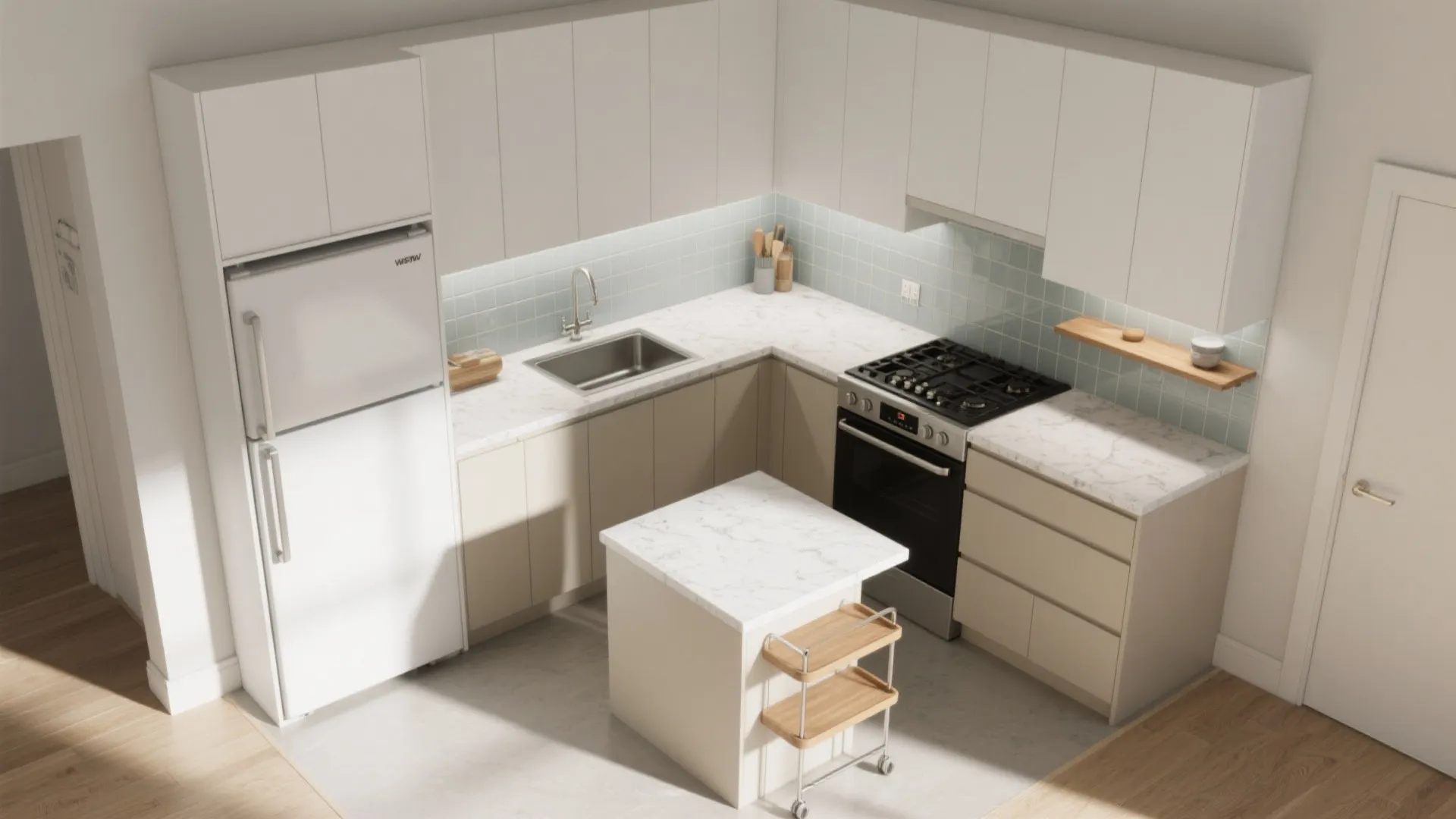 L-shaped layout that frees counters and flow