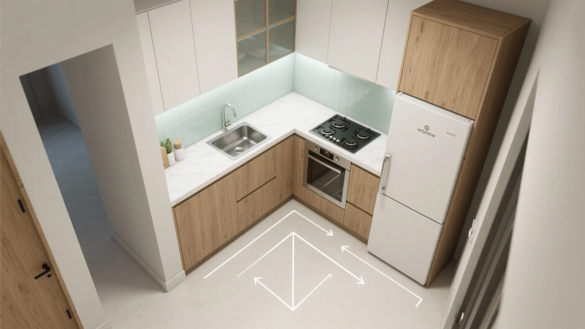 Top down view of L-shaped kitchen with wooden cabinets white fridge and floor layout arrows