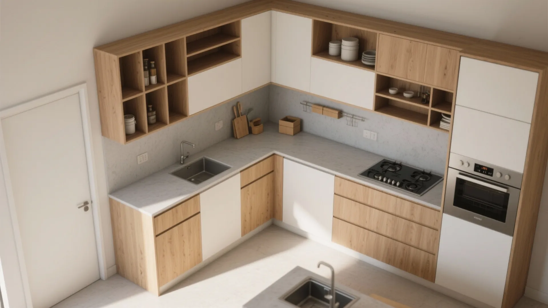 Top-down view of an L-shaped kitchen with layered wall cabinet depths.