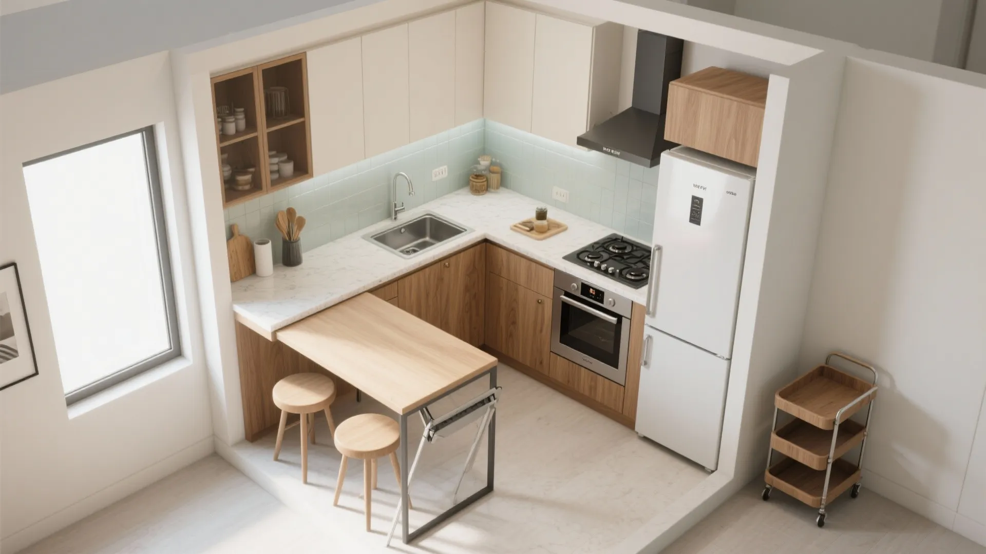 Favor an L-Shaped Kitchen and Multipurpose Furniture