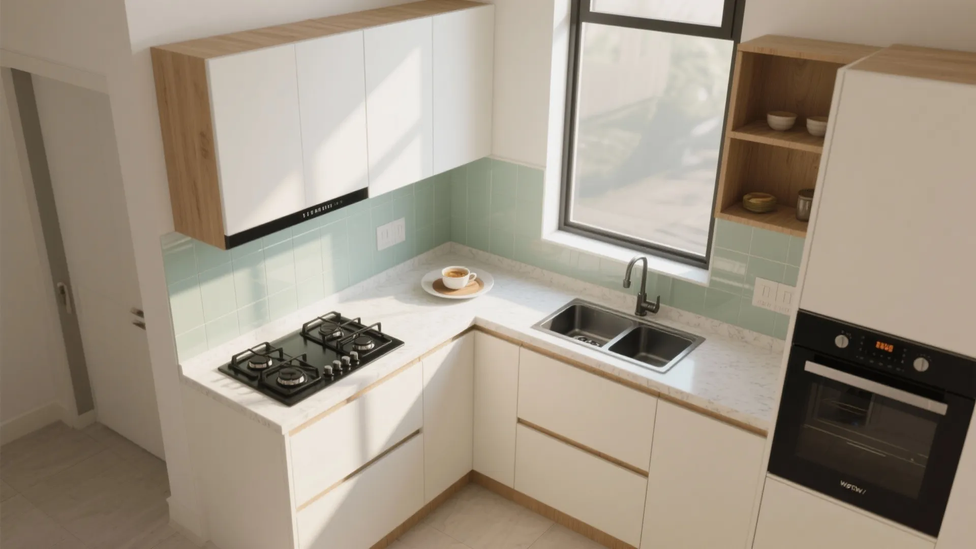 Interior design drawing of a white L-shaped kitchen with green wall tiles and wood cabinets