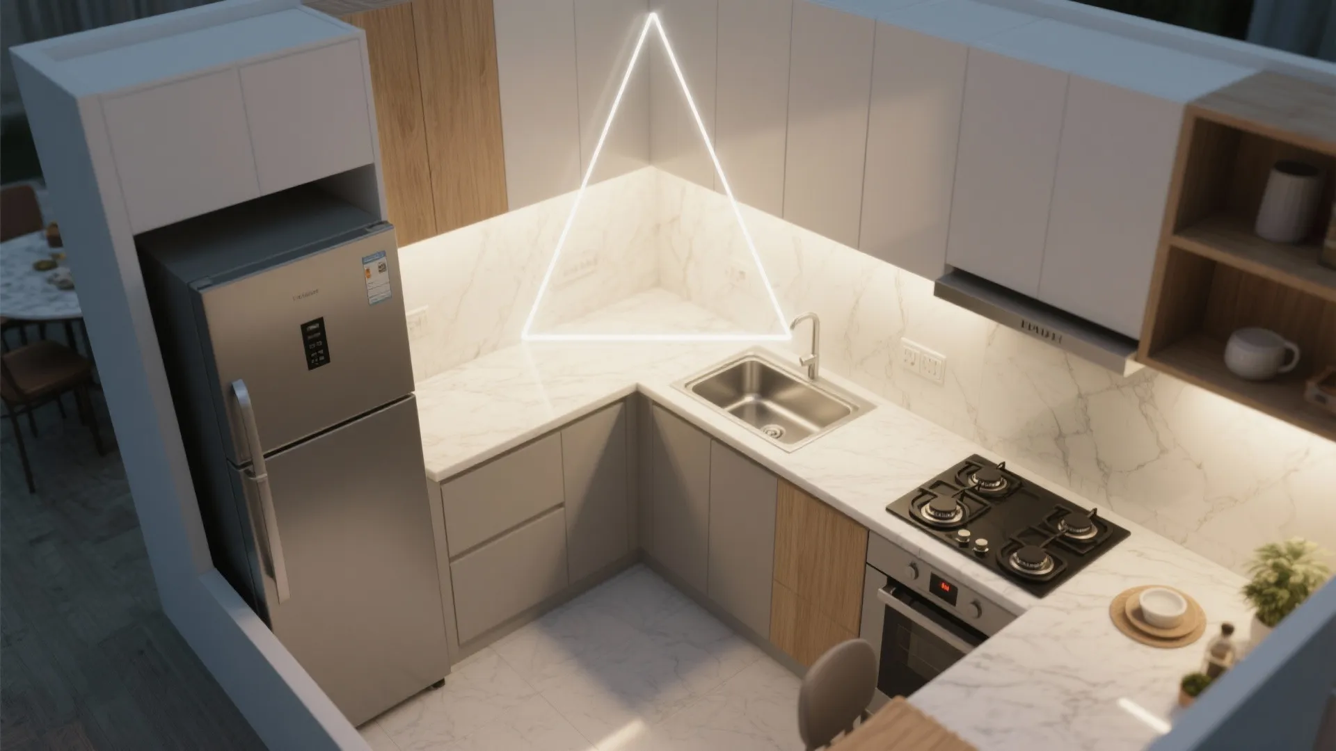 An L-shaped micro-kitchen plan that flows