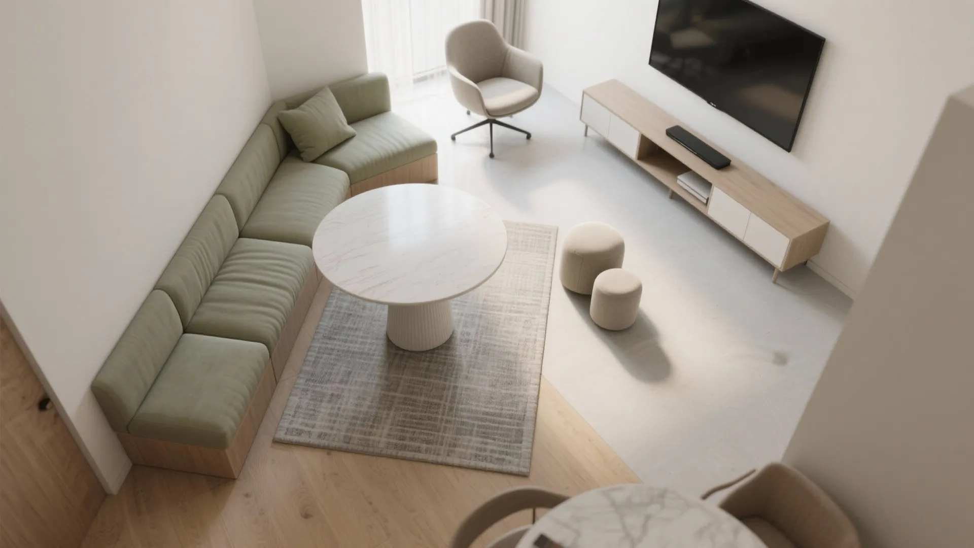 L-shaped flow with a corner banquette and a swivel-friendly sofa