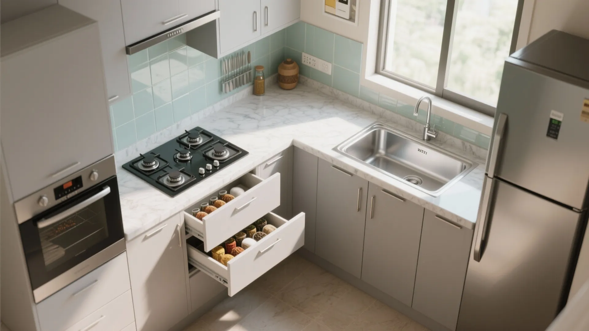 L-shaped small kitchen layout that prioritizes flow