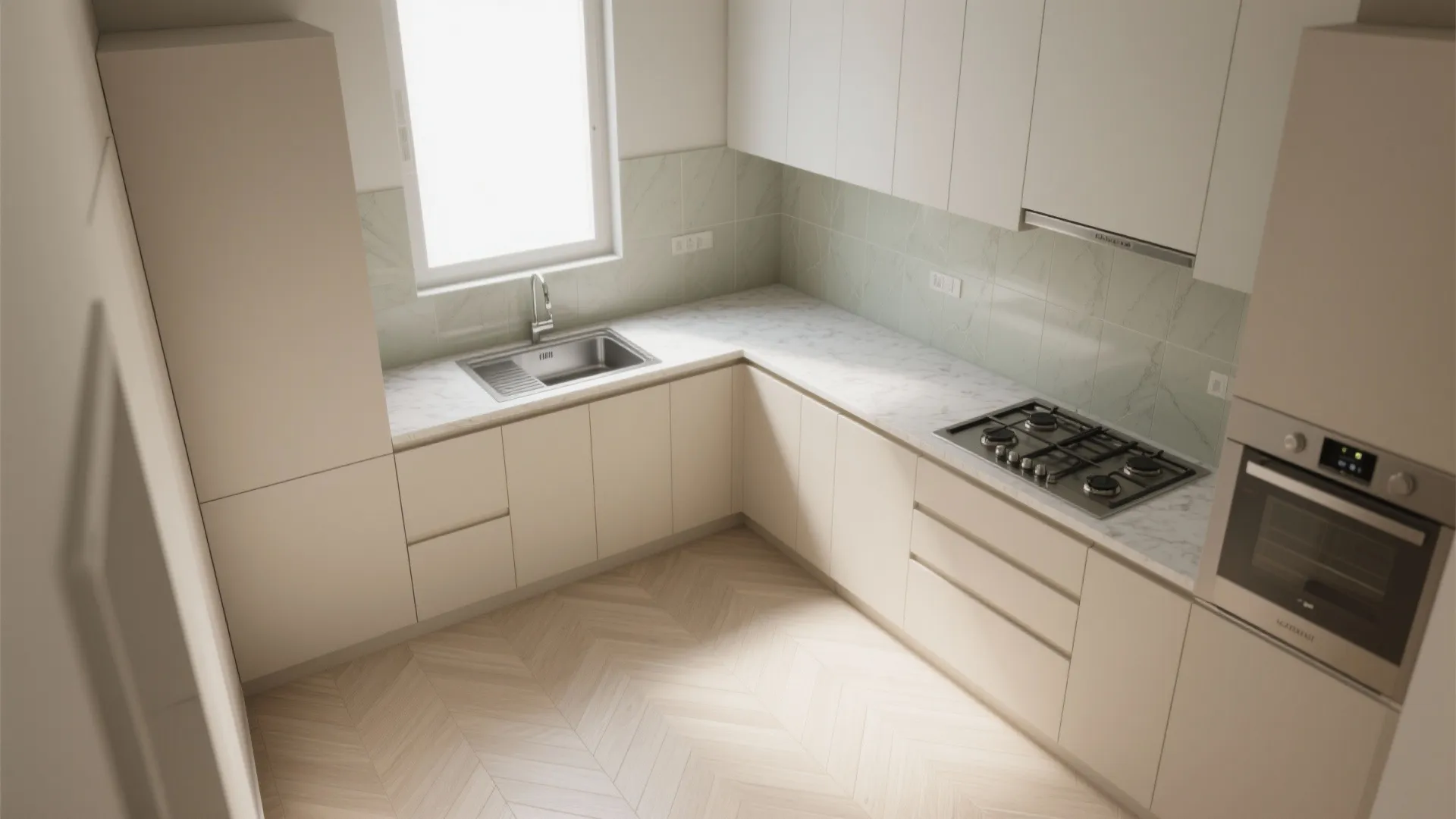 L-shaped kitchens: tile transitions and counter–splash integration