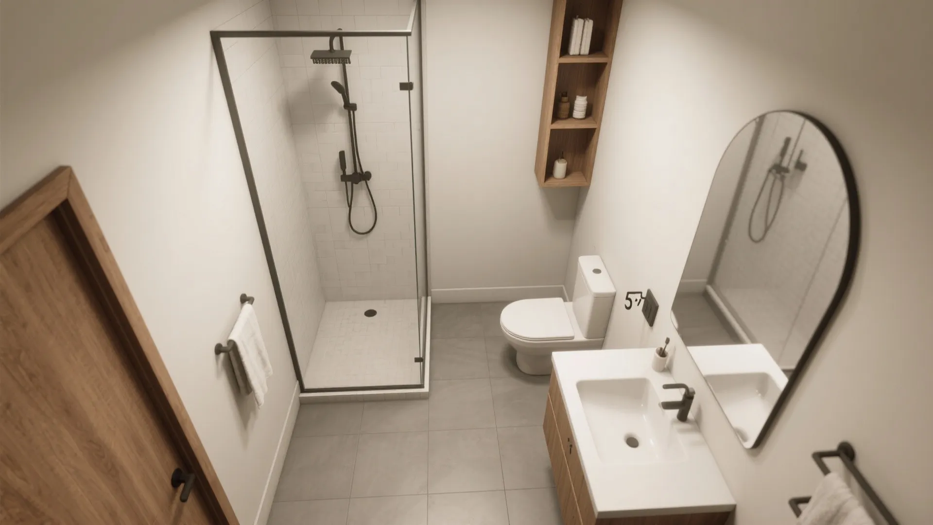 Modern bathroom interior design with glass shower toilet white sink round mirror and wooden cabinet