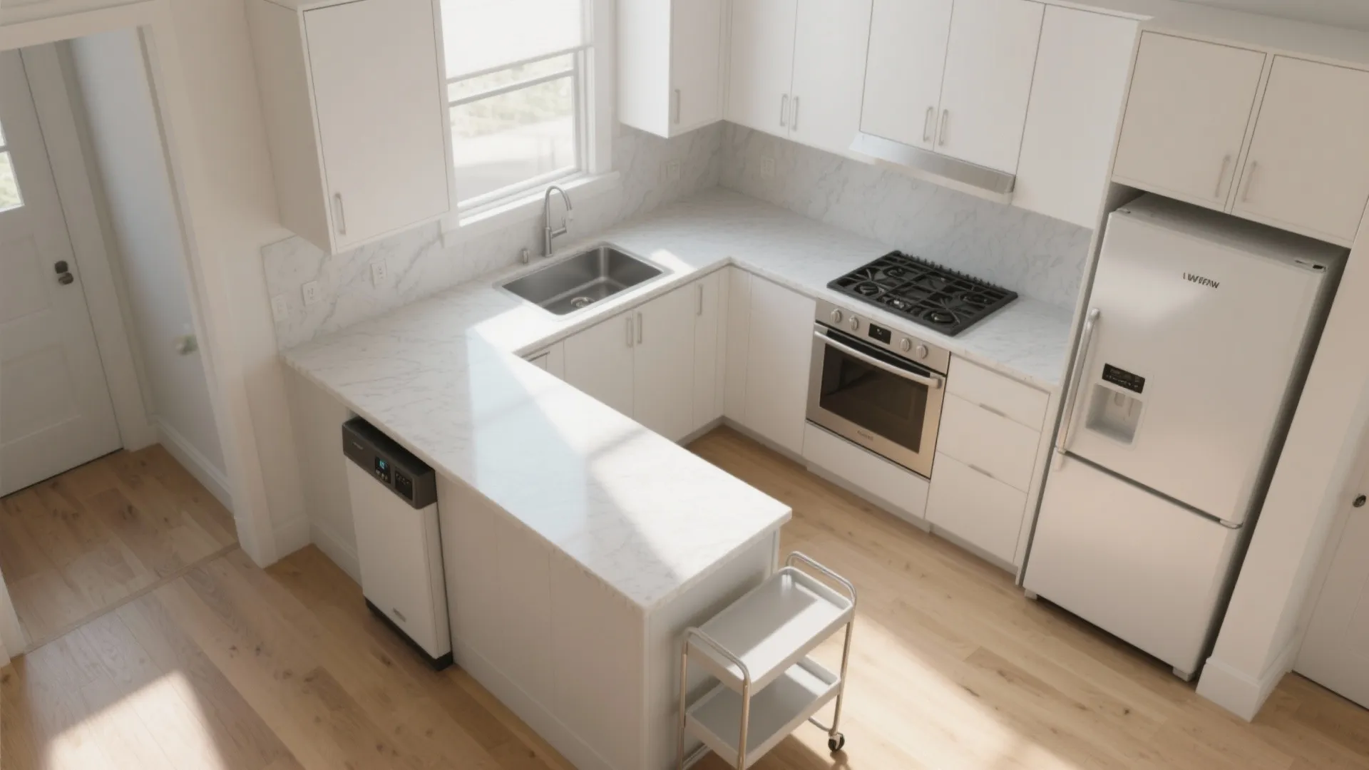 Top down interior design drawing of white kitchen with marble counters and light wood floor
