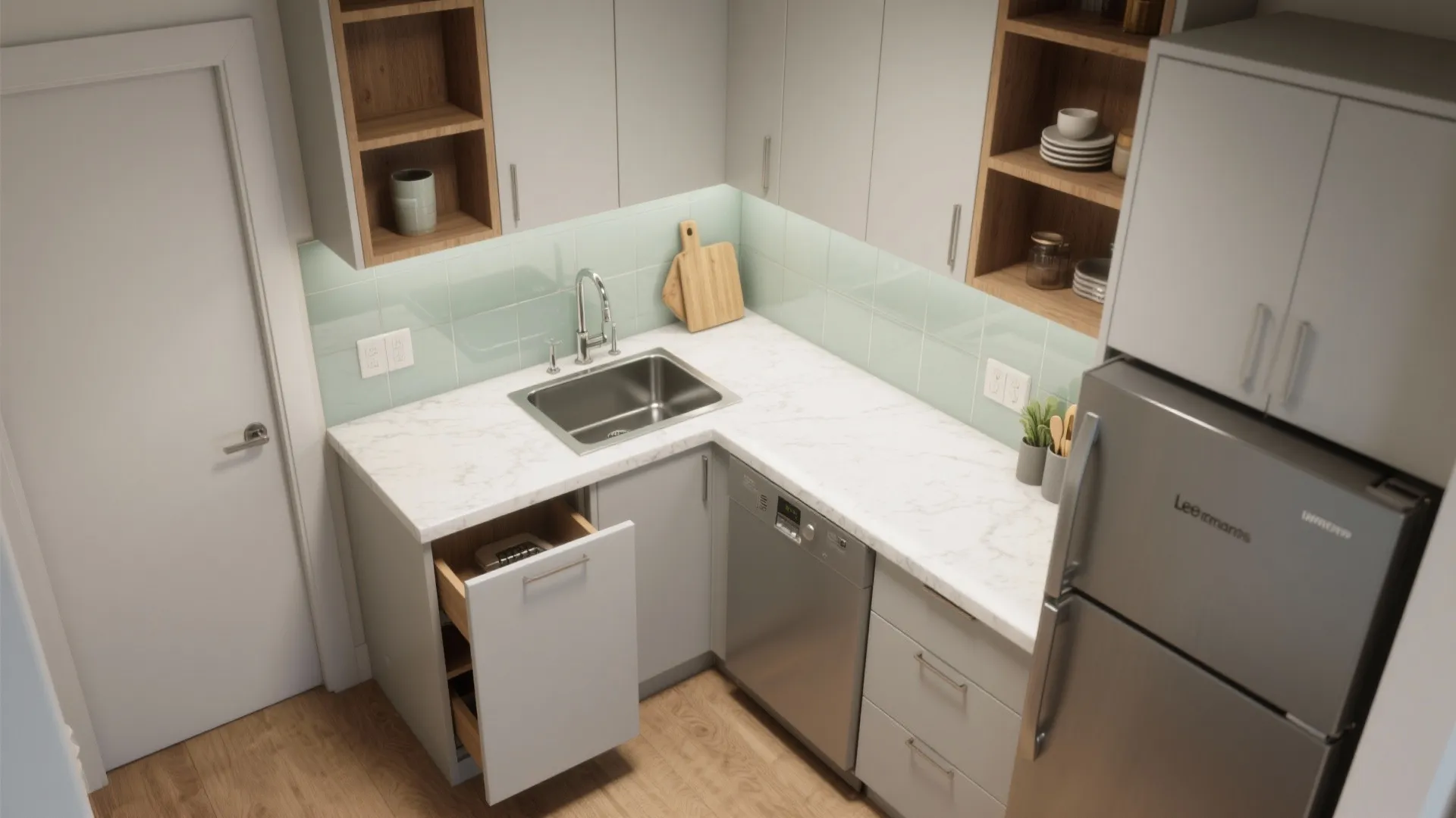 L-shaped layout that frees counter and flow